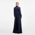 Navy Satin Tie Neck Maxi Dress