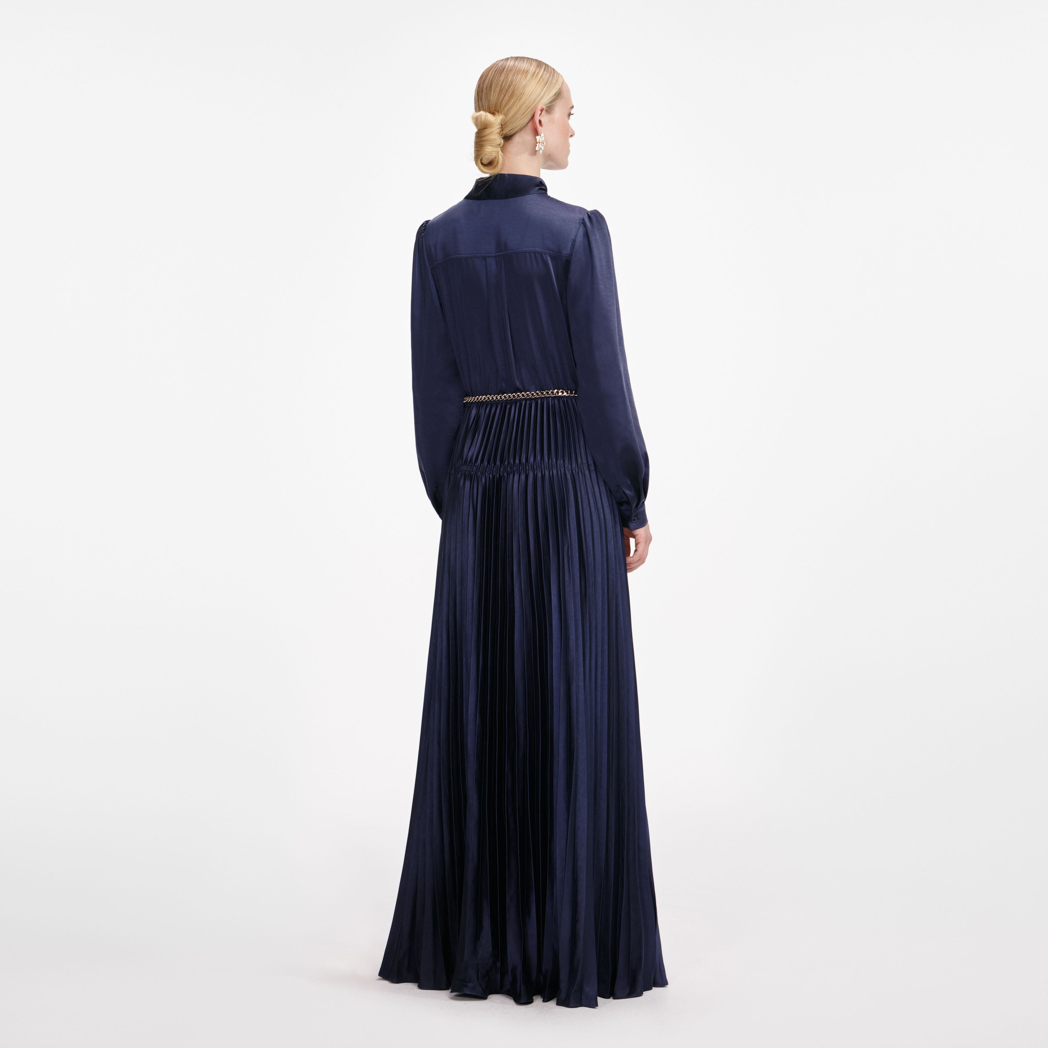 Navy Satin Tie Neck Maxi Dress