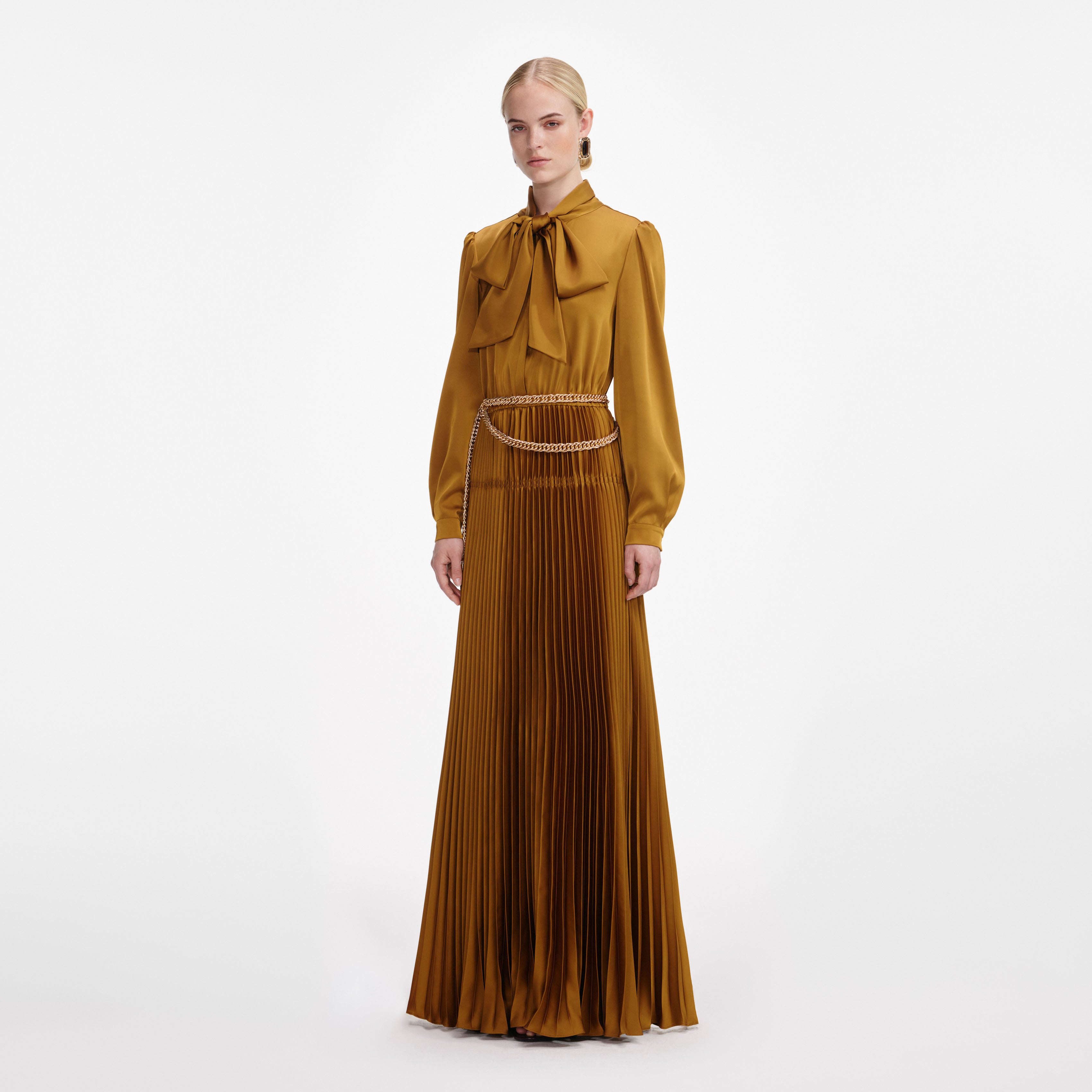 Bronze Satin Tie Neck Maxi Dress