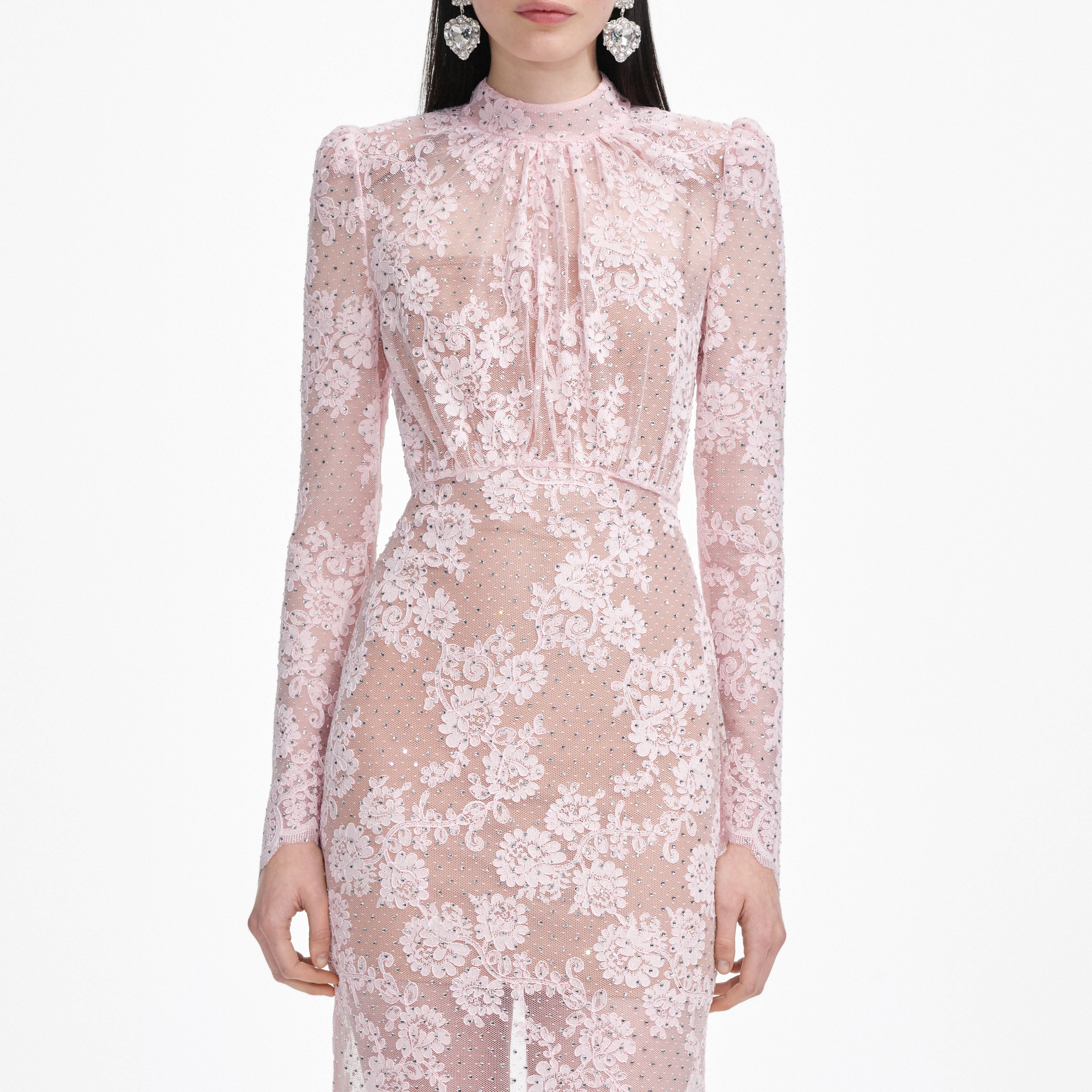 Pale Pink Rhinestone Lace Maxi Dress