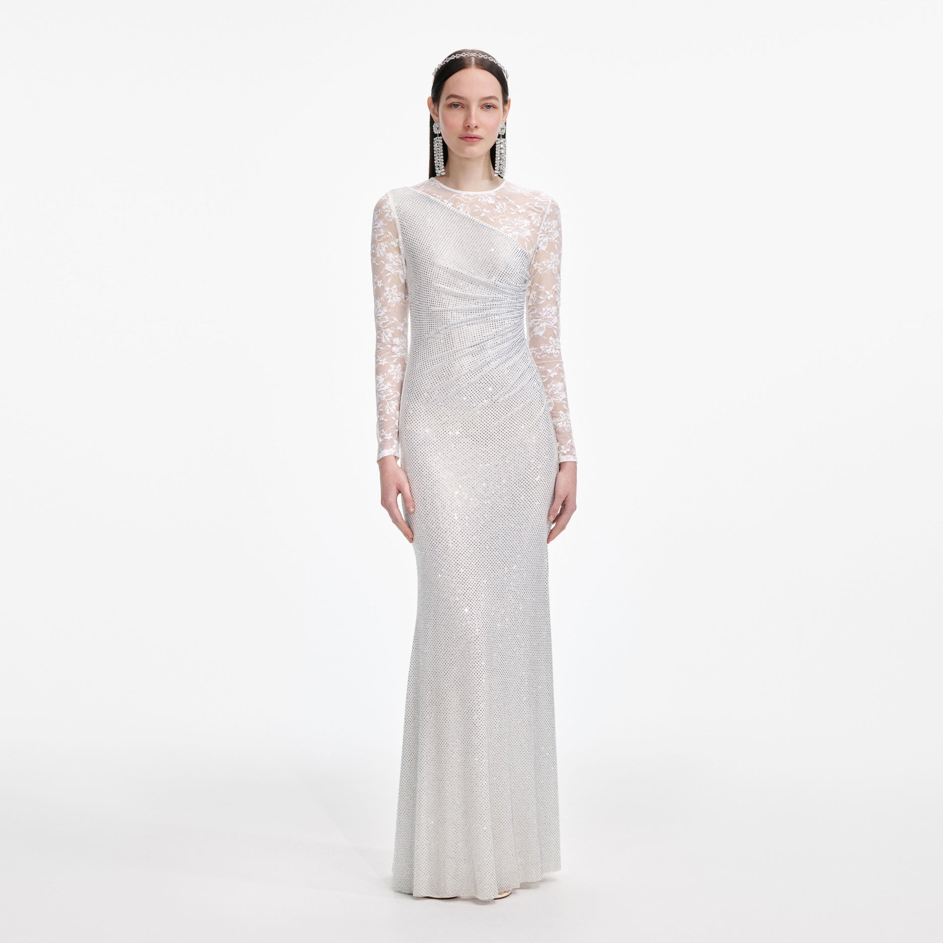 White Rhinestone Lace Sleeves Maxi Dress