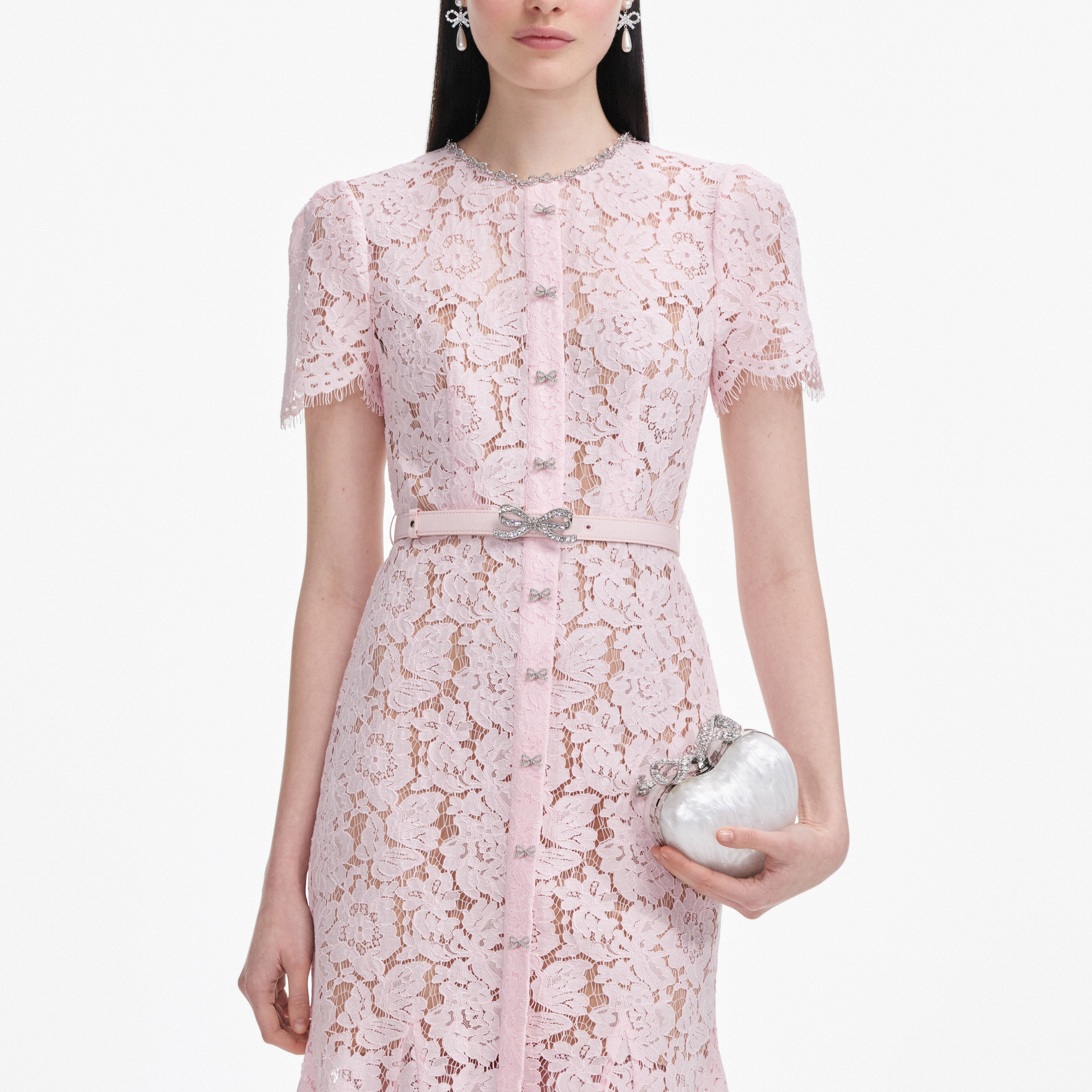 Pink Lace Bow Trim Midi Dress