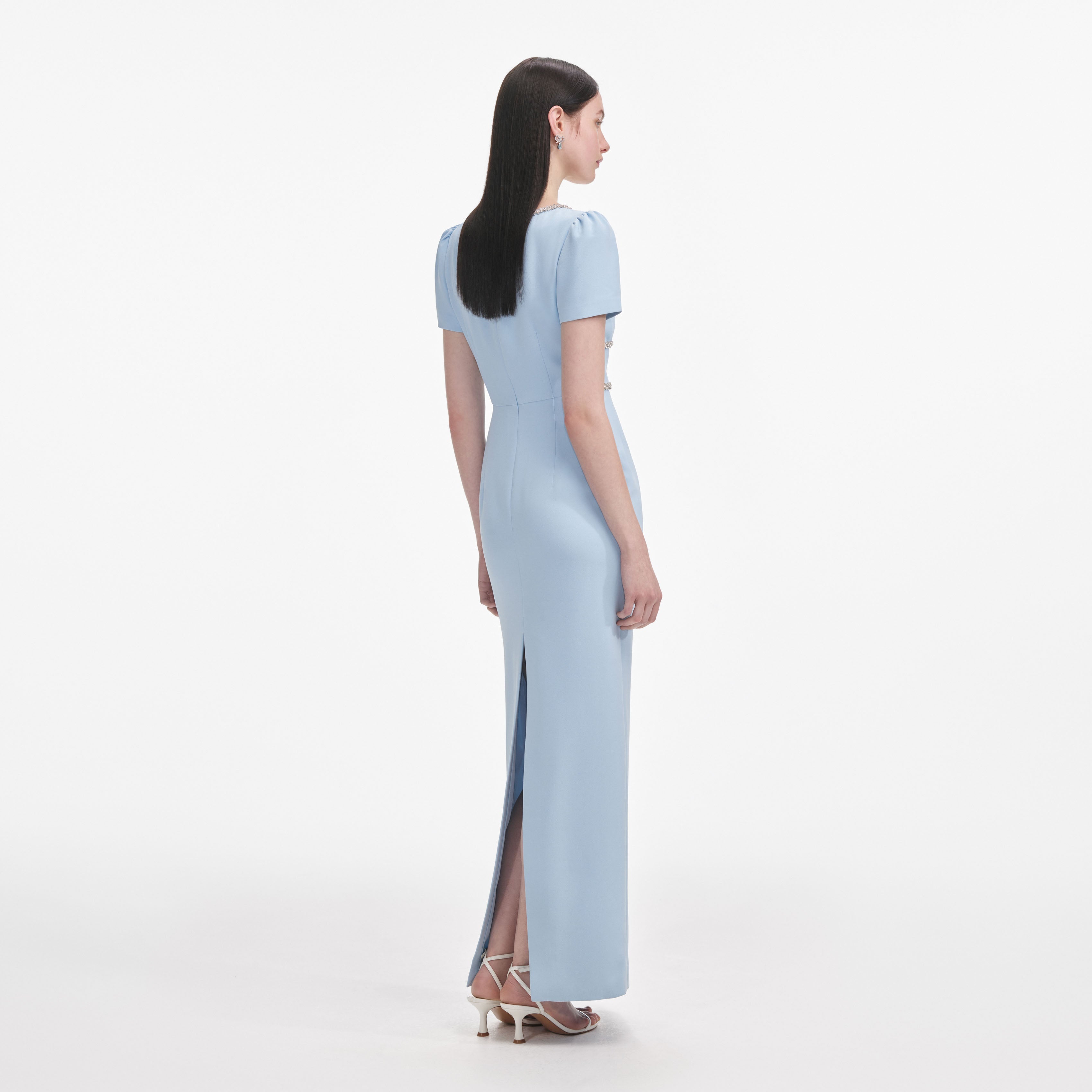 Blue Crepe Crystal Trim Maxi Dress