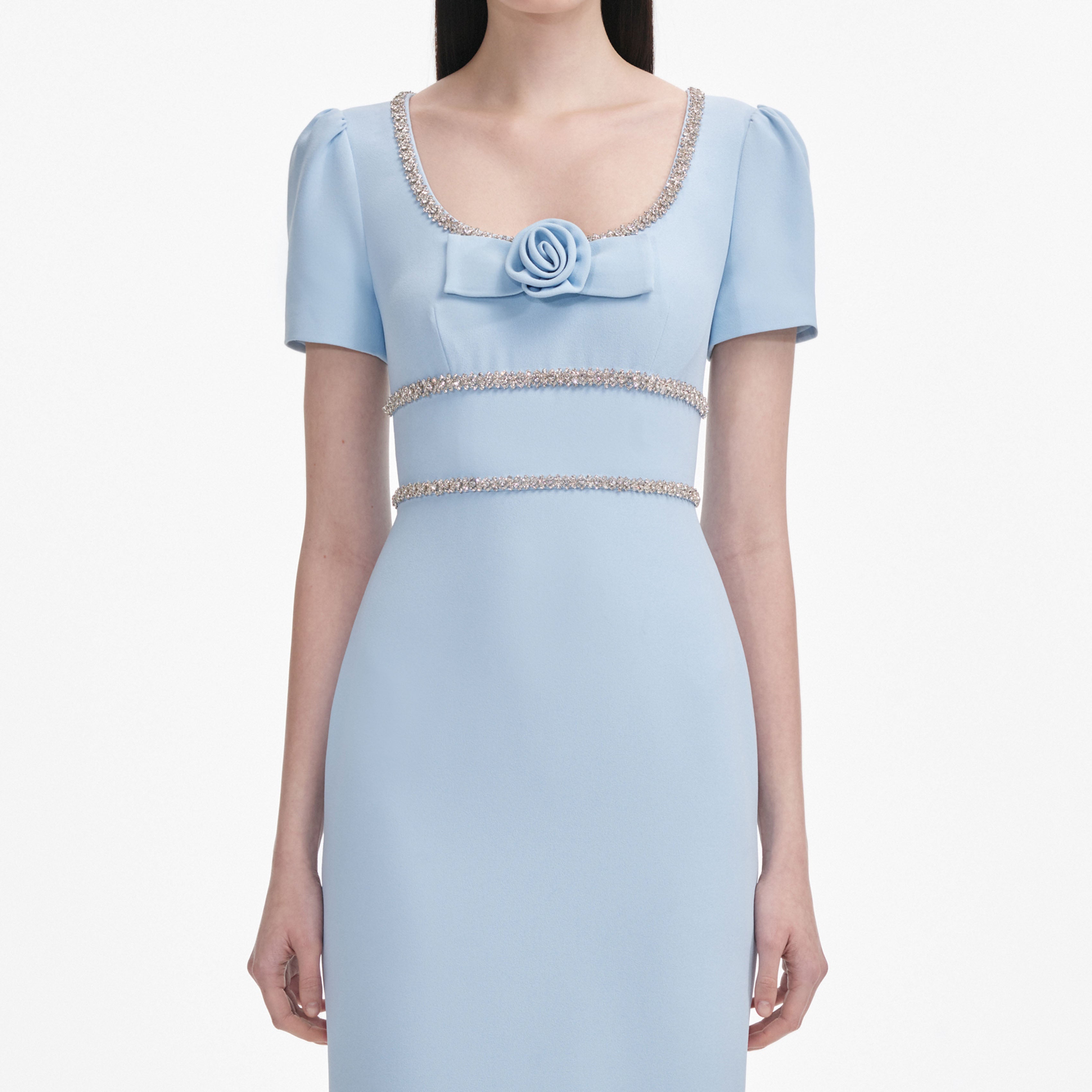 Blue Crepe Crystal Trim Maxi Dress