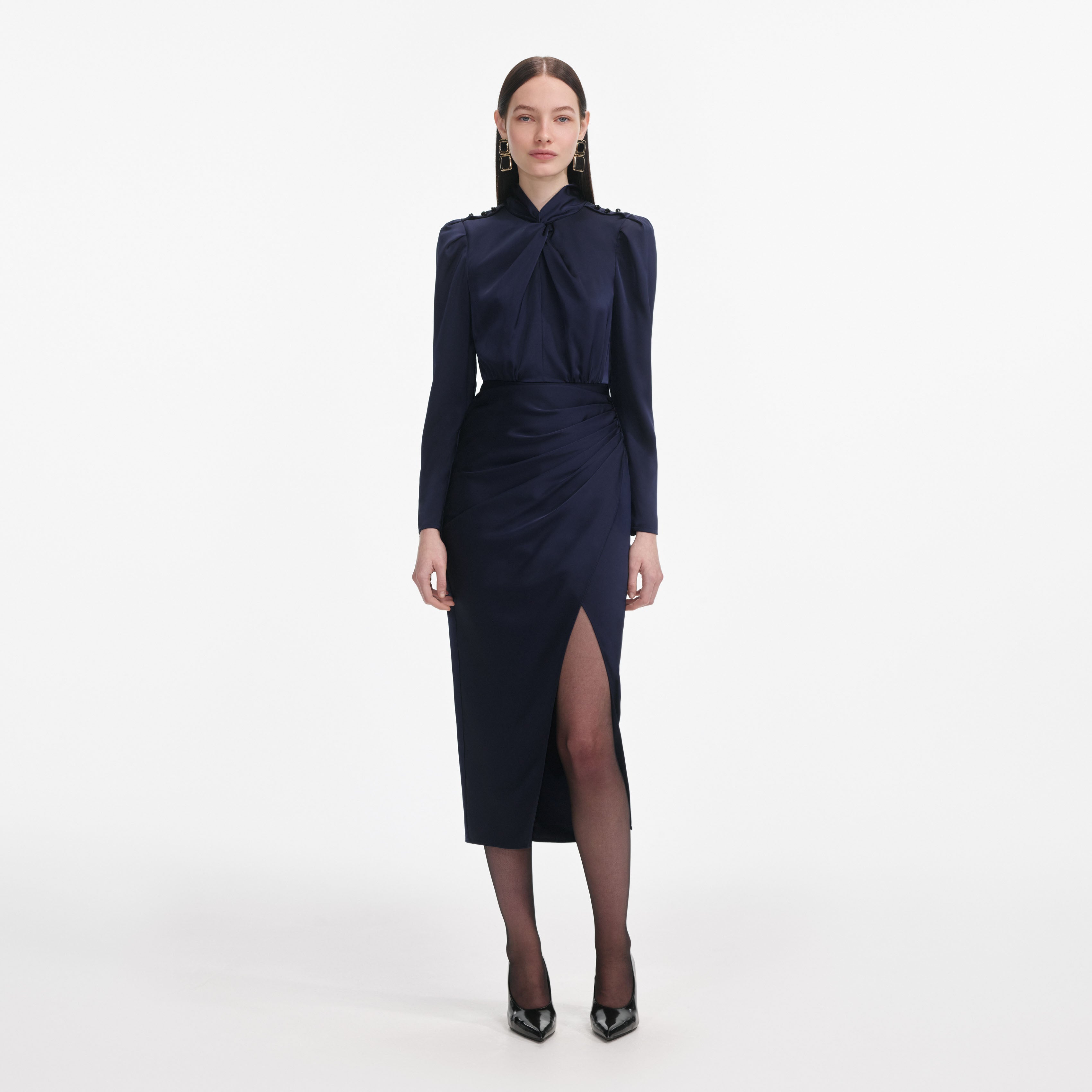 Navy Satin Midi Dress