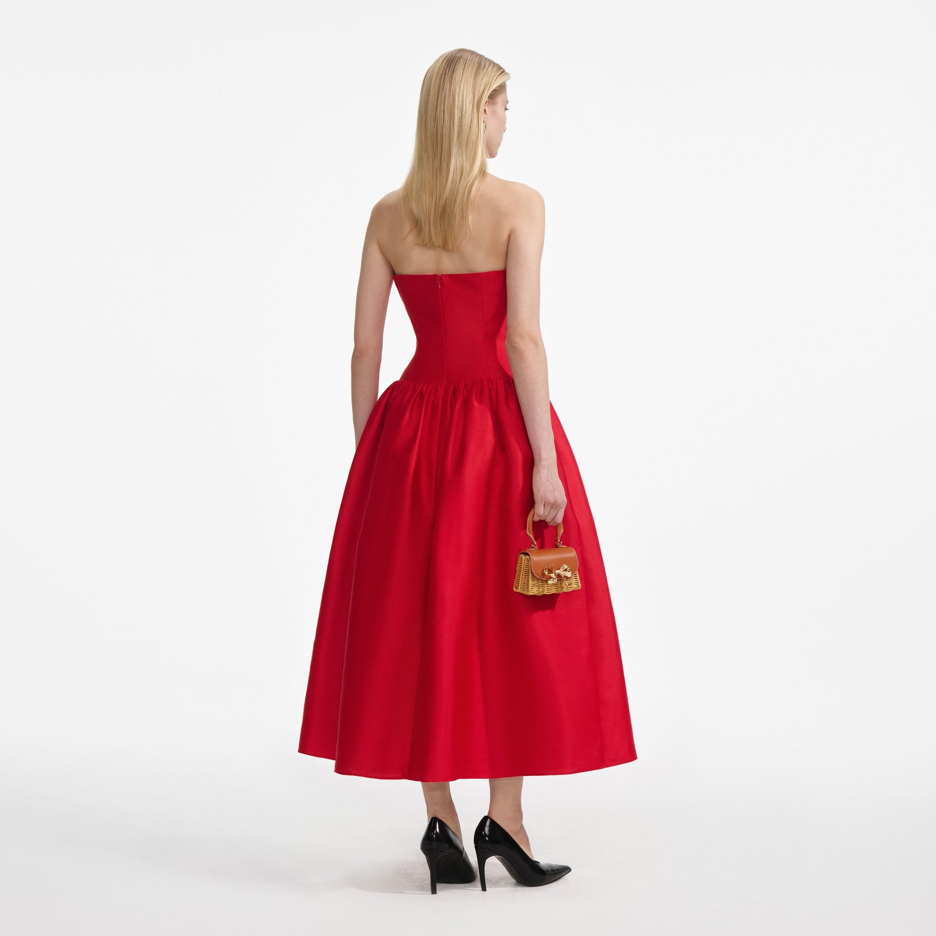 Back view of a woman wearing the Red Taffeta Midi Dress