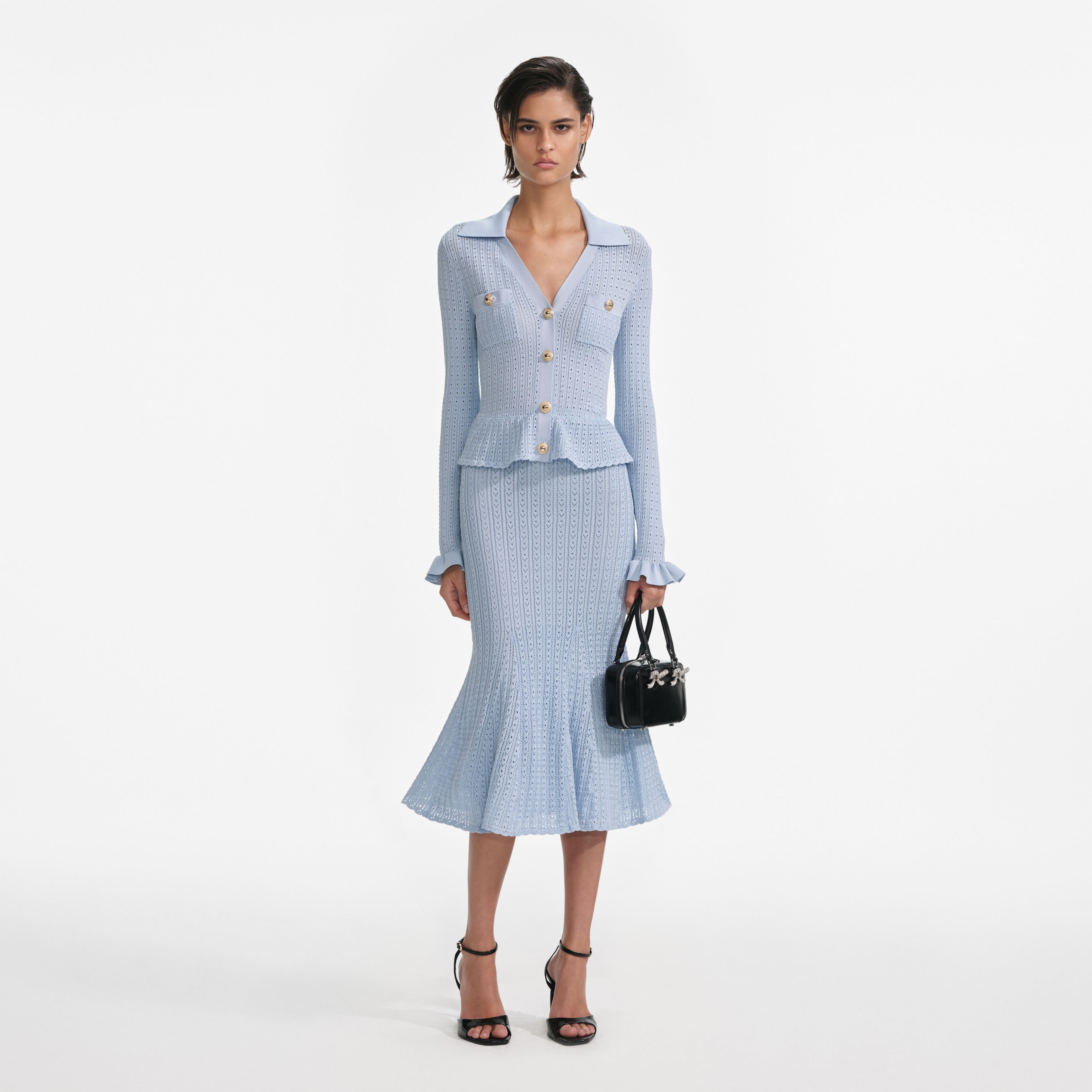 Blue Pointelle Peplum Knit Midi Dress