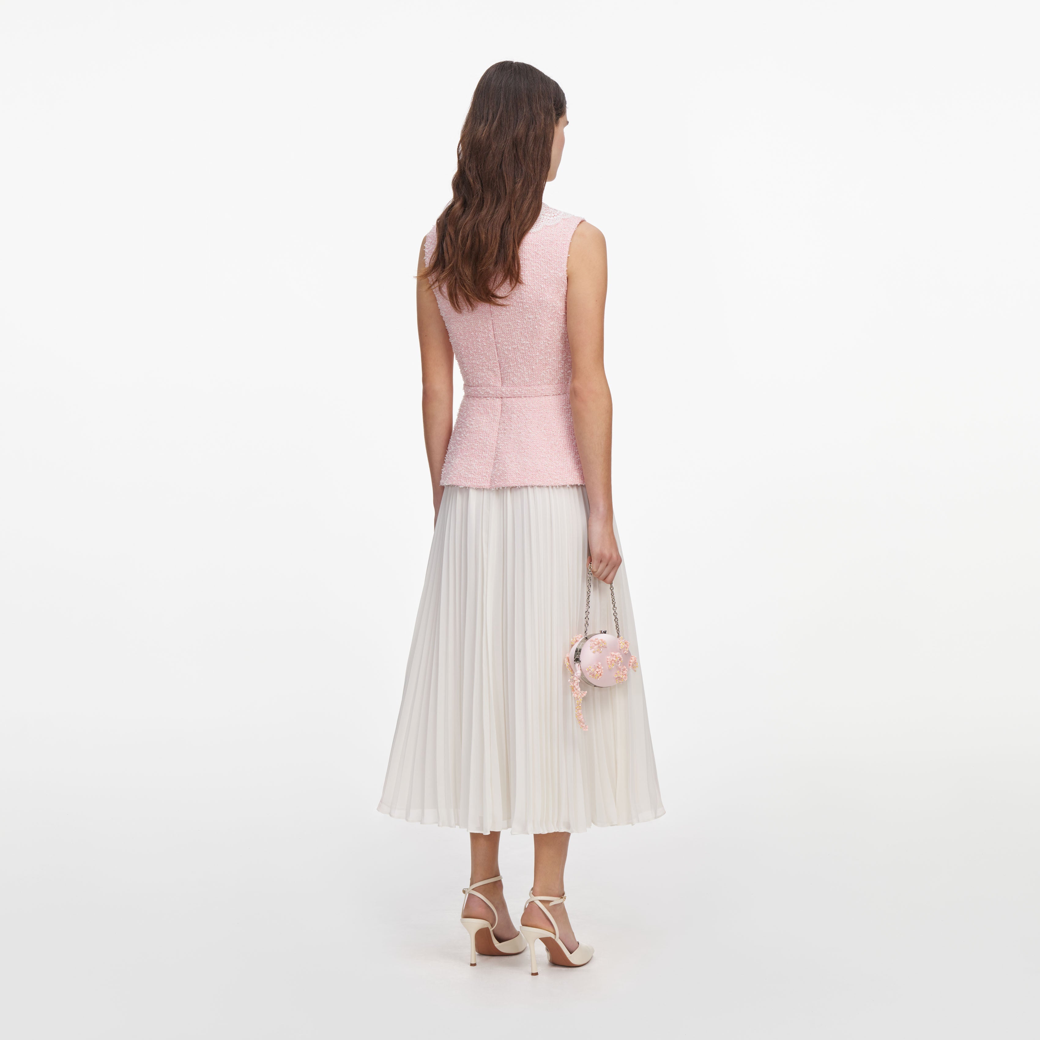 Pink Boucle Lace Collar Midi Dress