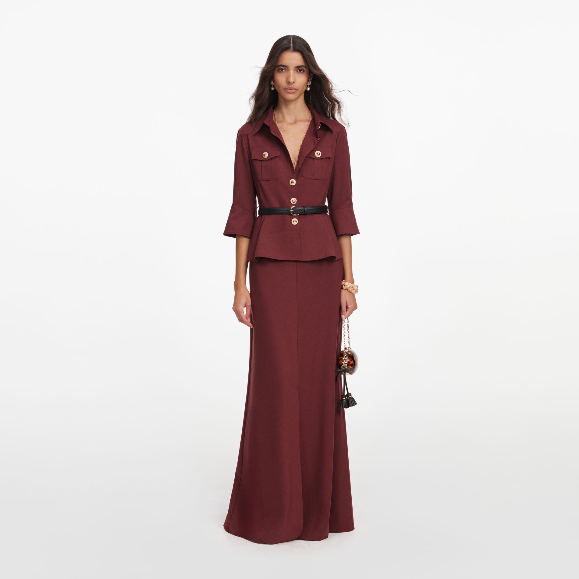 Front view of a woman wearing the Brown Twill Maxi Dress