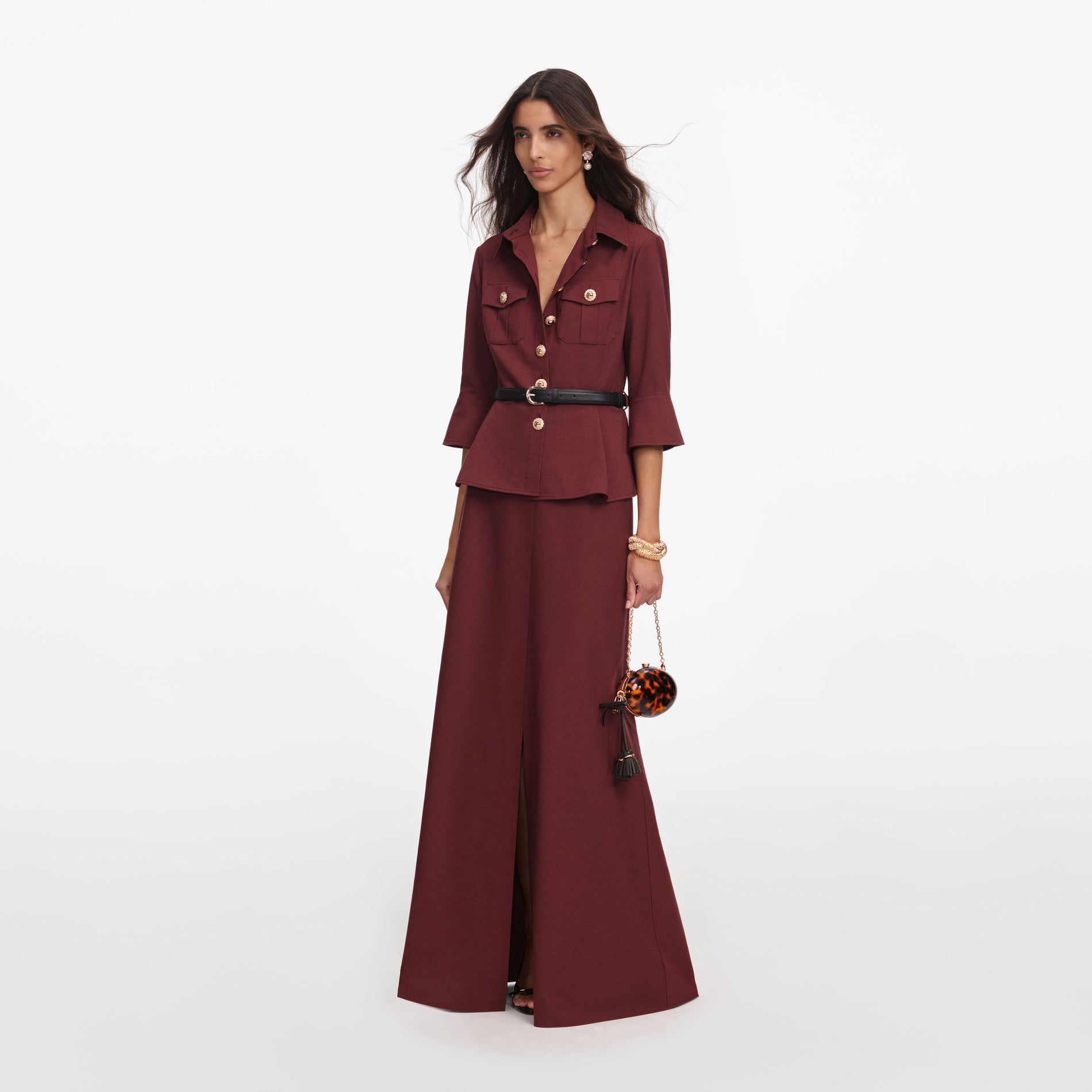 Side view of a woman wearing the Brown Twill Maxi Dress