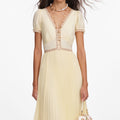 Yellow Viscose Pleated Lace Midi Dress