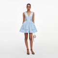 Blue Cotton Embroidered Mini Dress