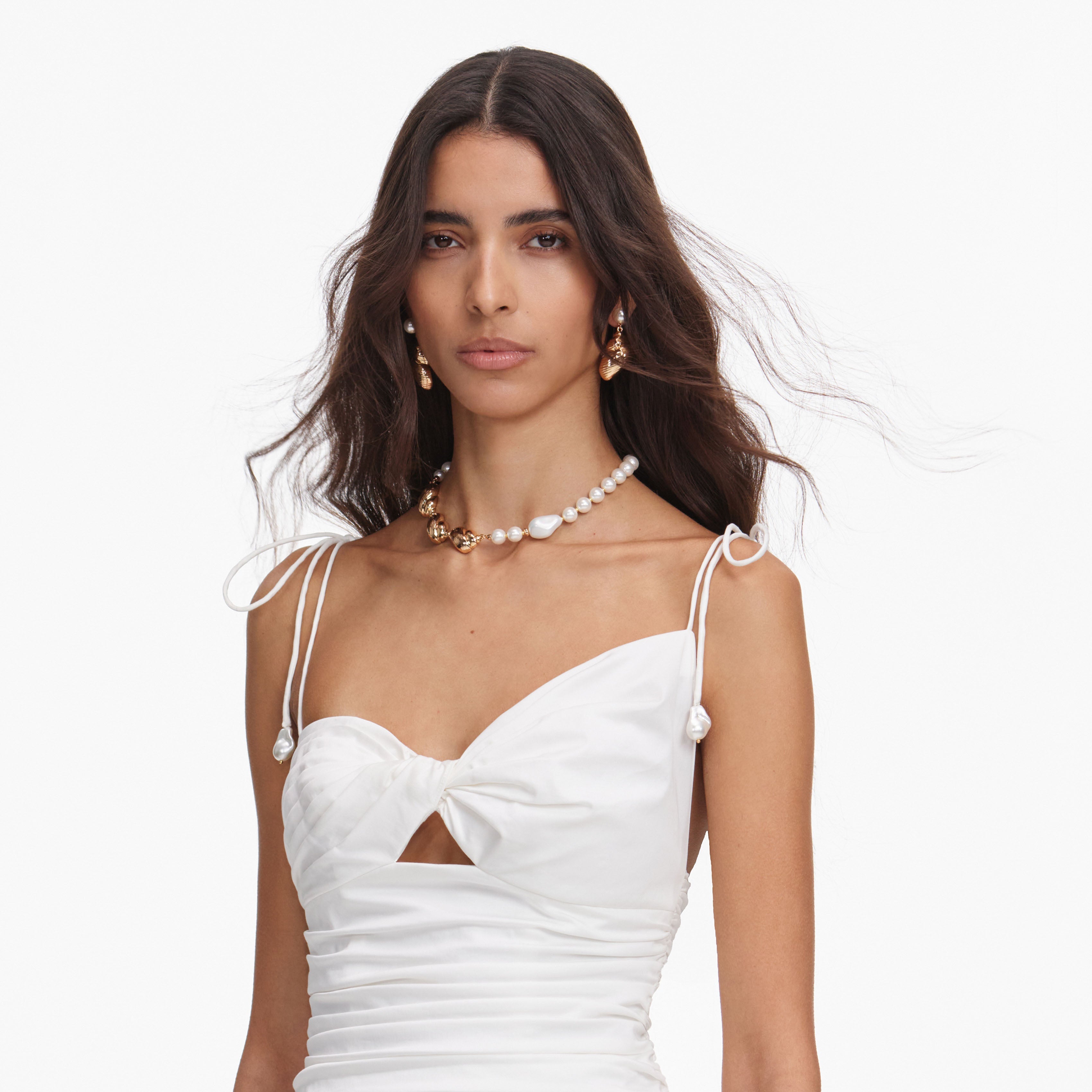 White Cotton Gathered Midi Dress