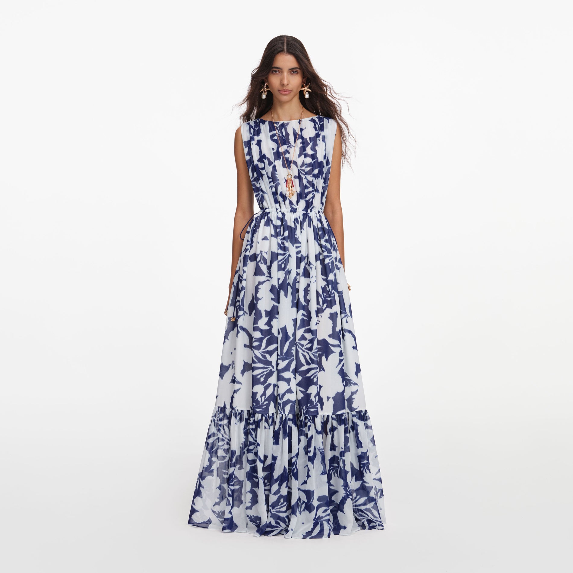 Front view of a woman wearing the Printed Georgette Maxi Dress