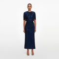 Navy Rhinestone Cape Sleeve Midi Dress