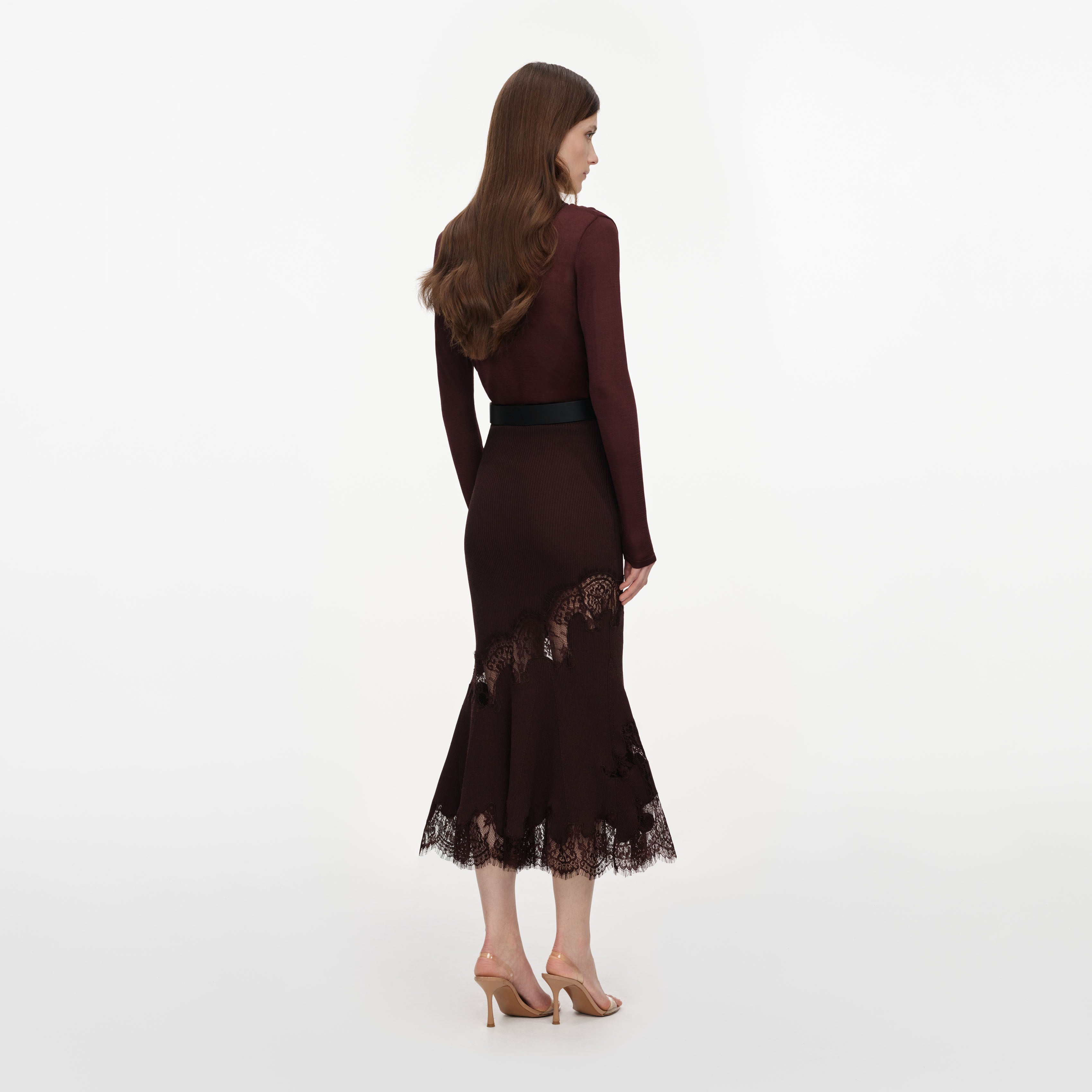 Brown Ribbed Knit Midi Skirt