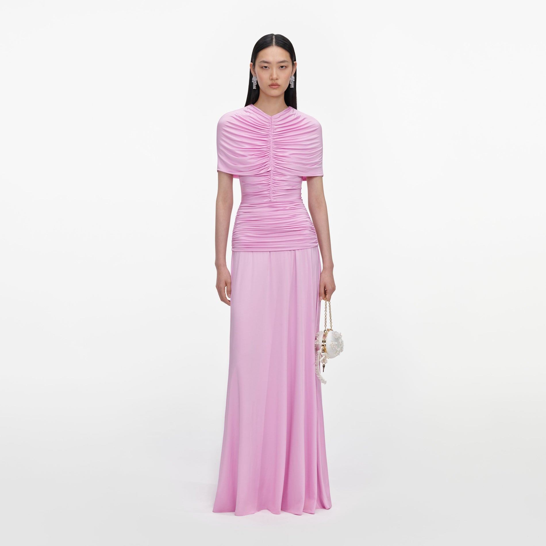 Front view of a woman wearing the Pink Jersey Gathered Maxi Dress