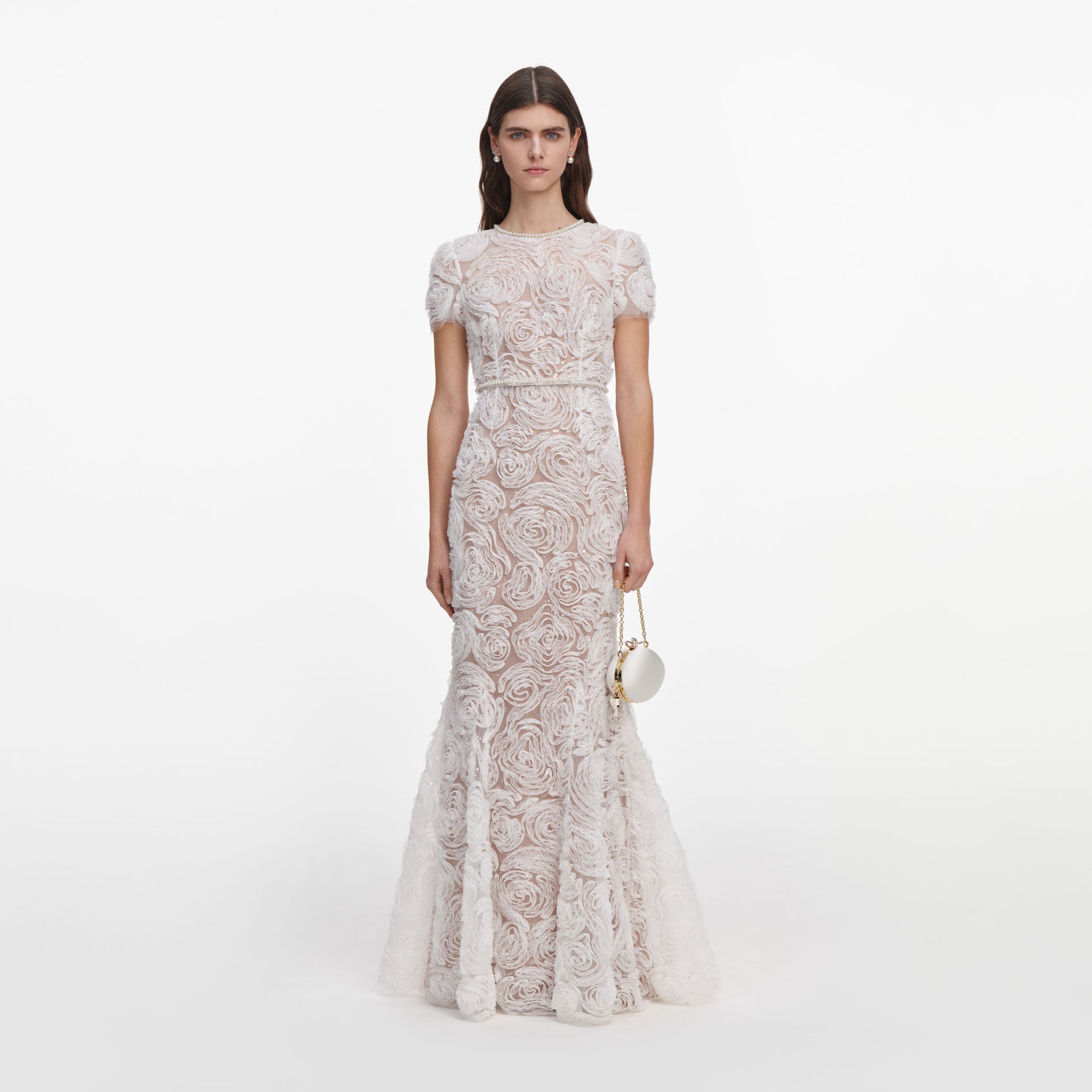 Front view of a woman wearing the White Tulle Lace Maxi Dress