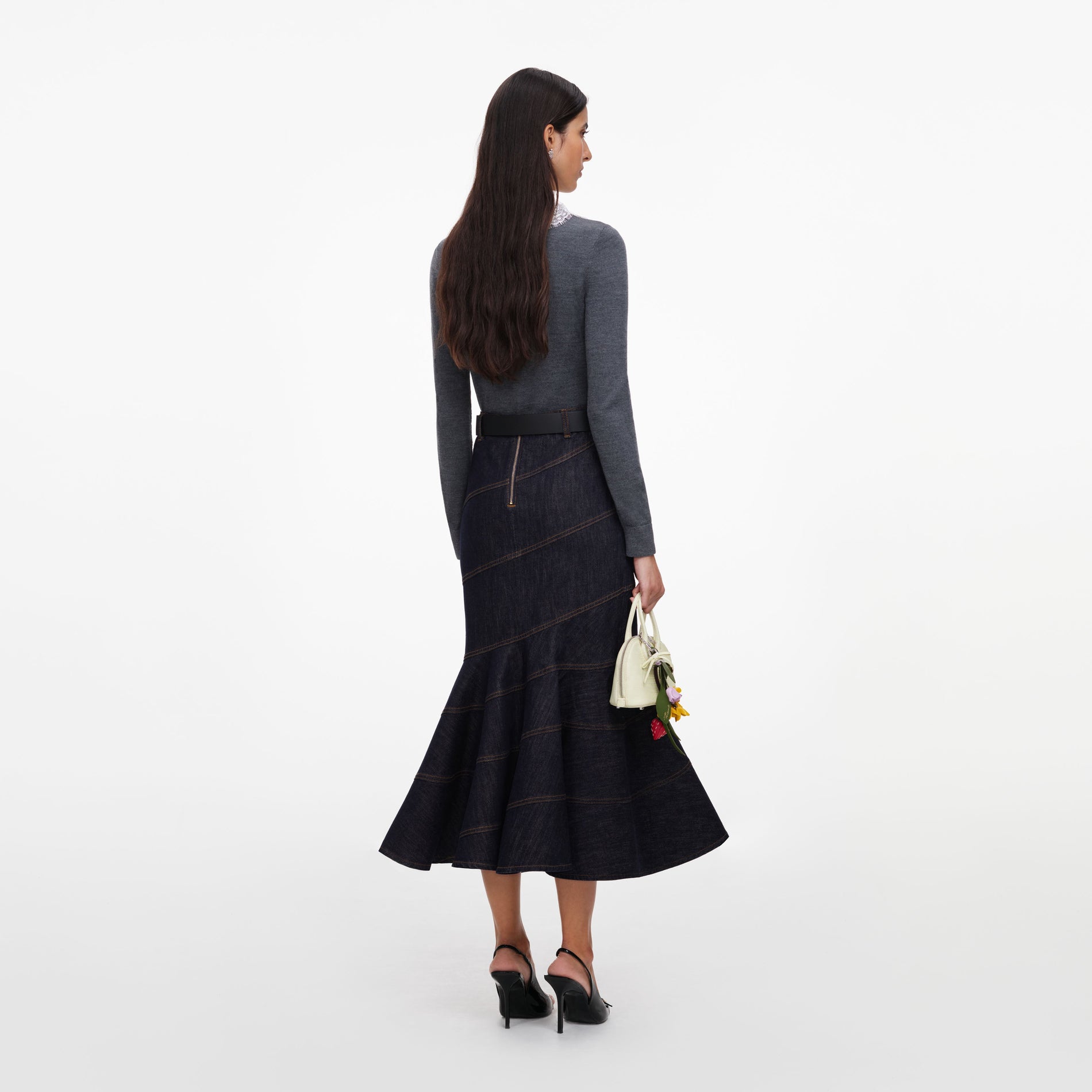 Back view of a woman wearing the Grey Lace Collar Knit Cardigan