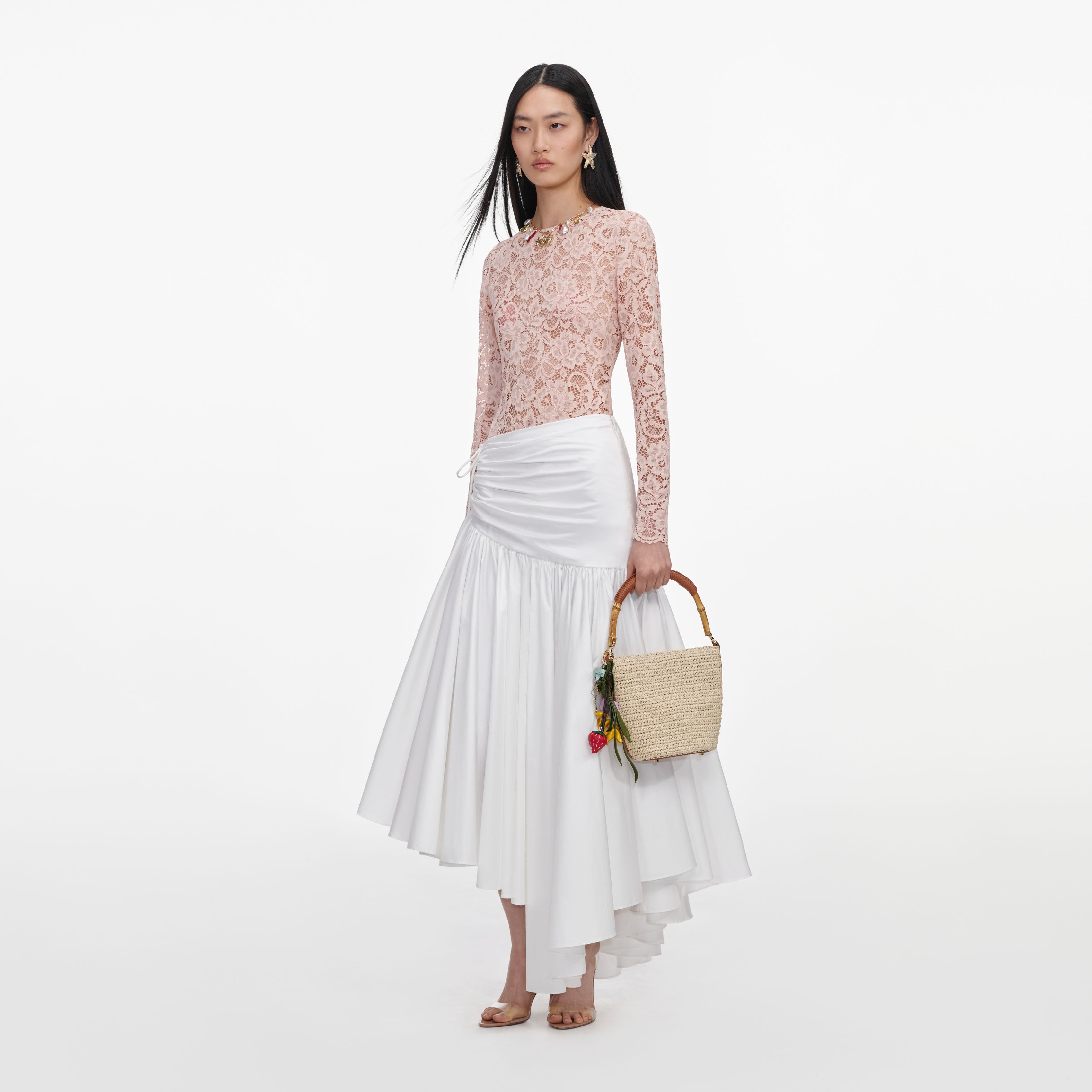 White Cotton Asymmetric Midi Skirt
