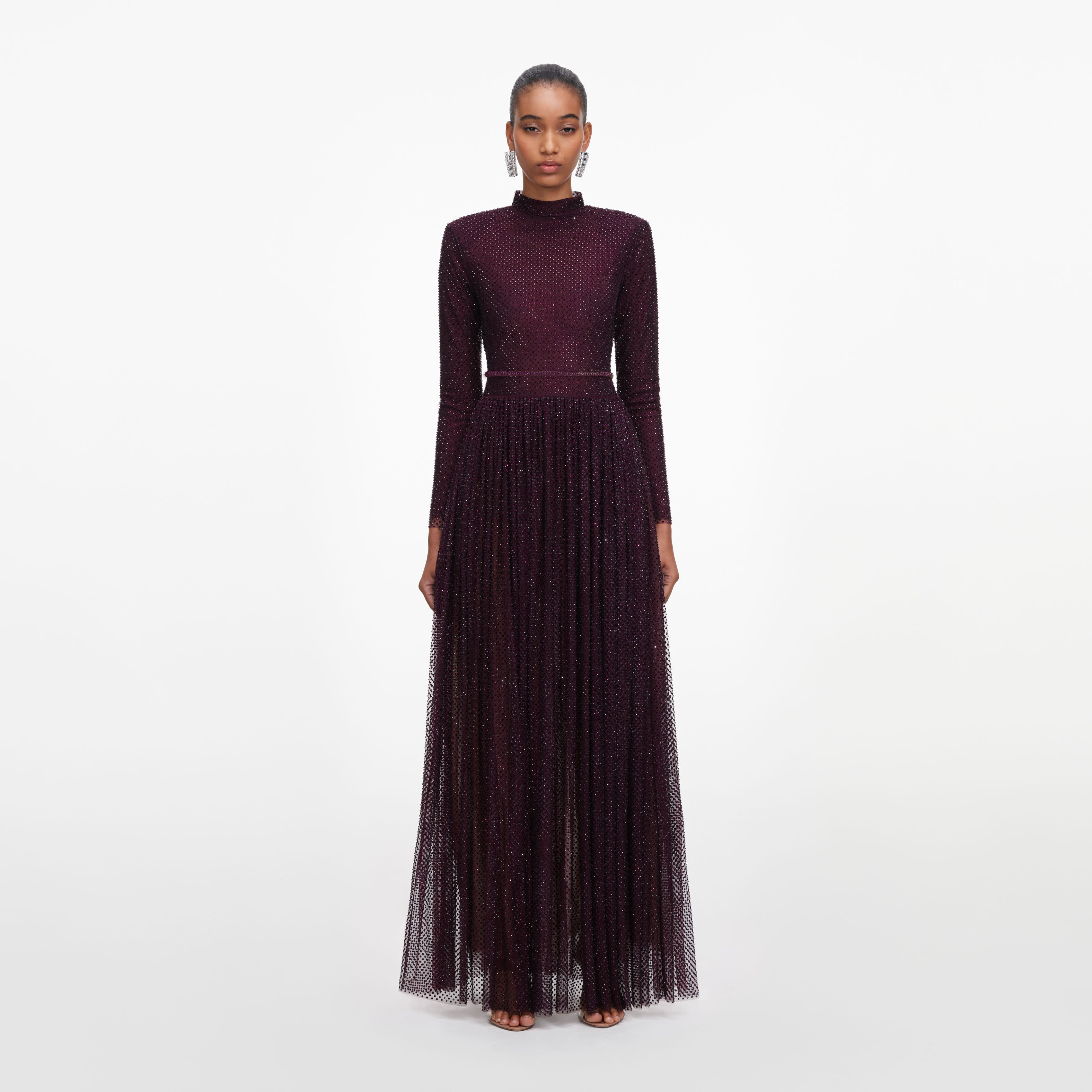 Burgundy Rhinestone Long Sleeve Maxi Dress
