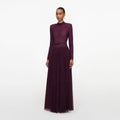 Burgundy Rhinestone Long Sleeve Maxi Dress
