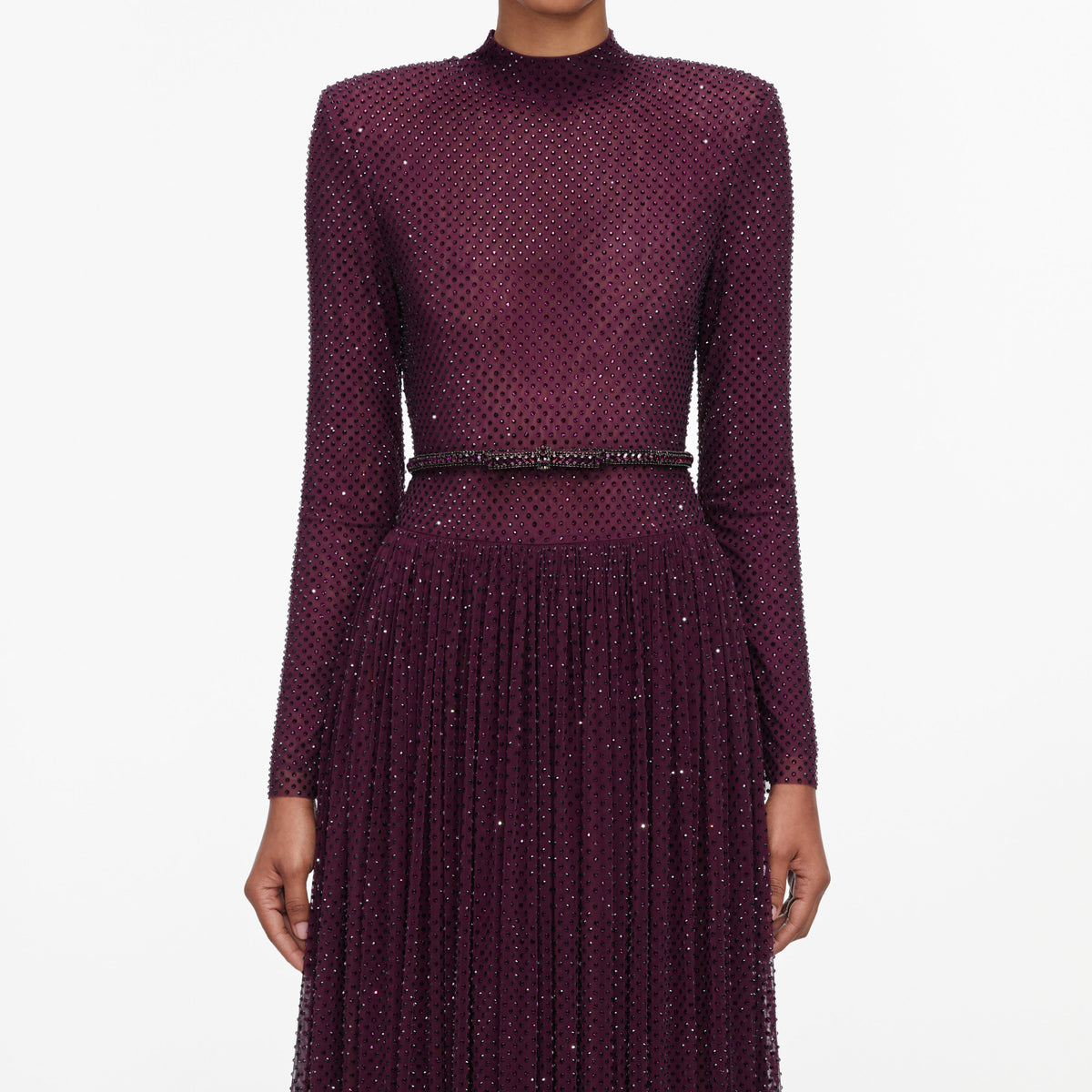 Burgundy Rhinestone Long Sleeve Maxi Dress