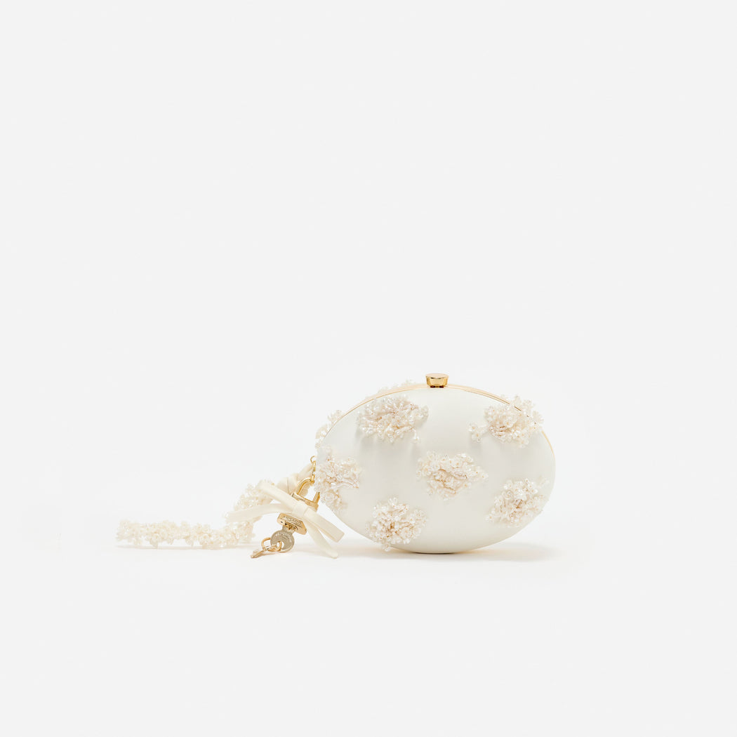 Cream Satin Floral Beaded Oval Clutch