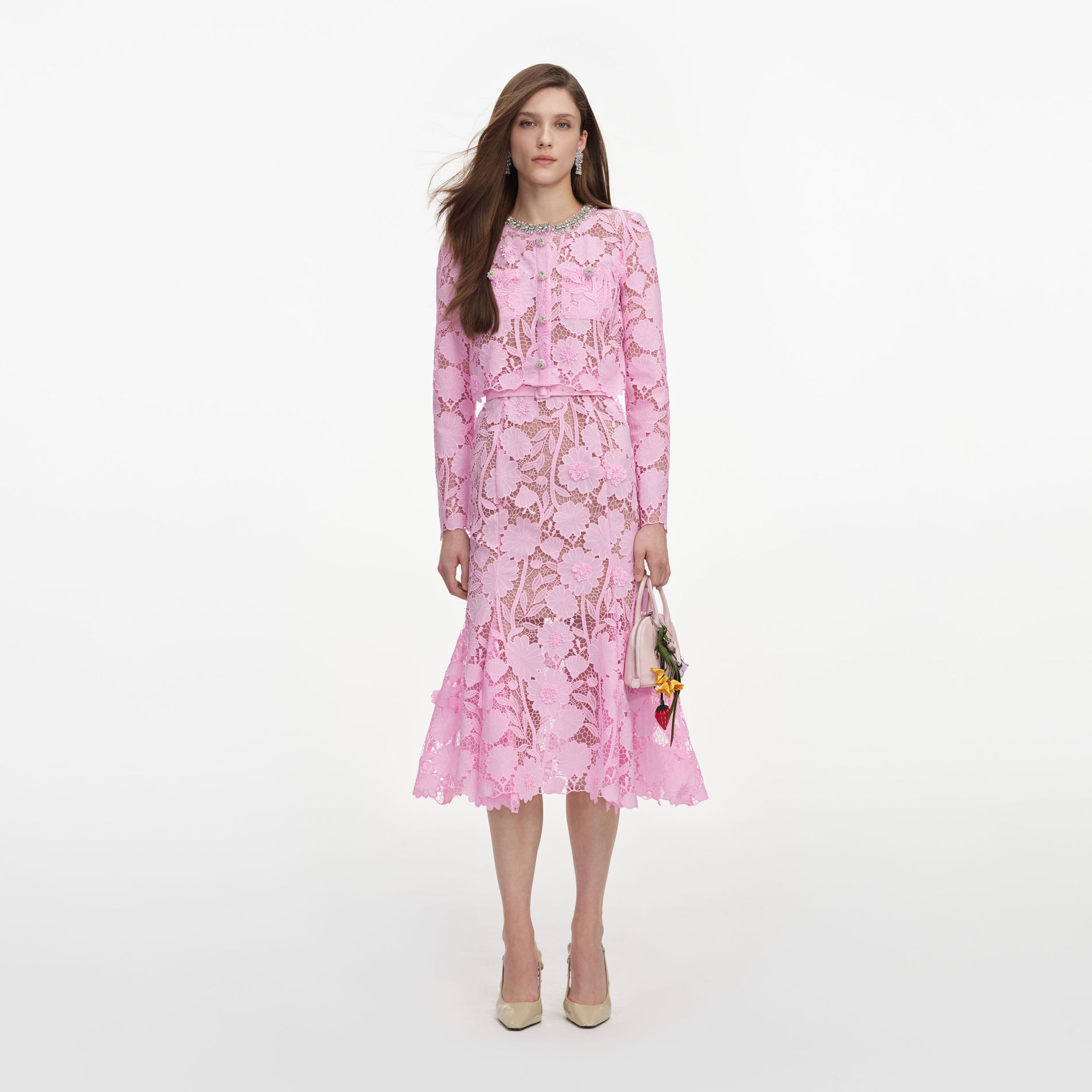 Front view of a woman wearing the Pink Lace Crystal Embellished Midi Dress