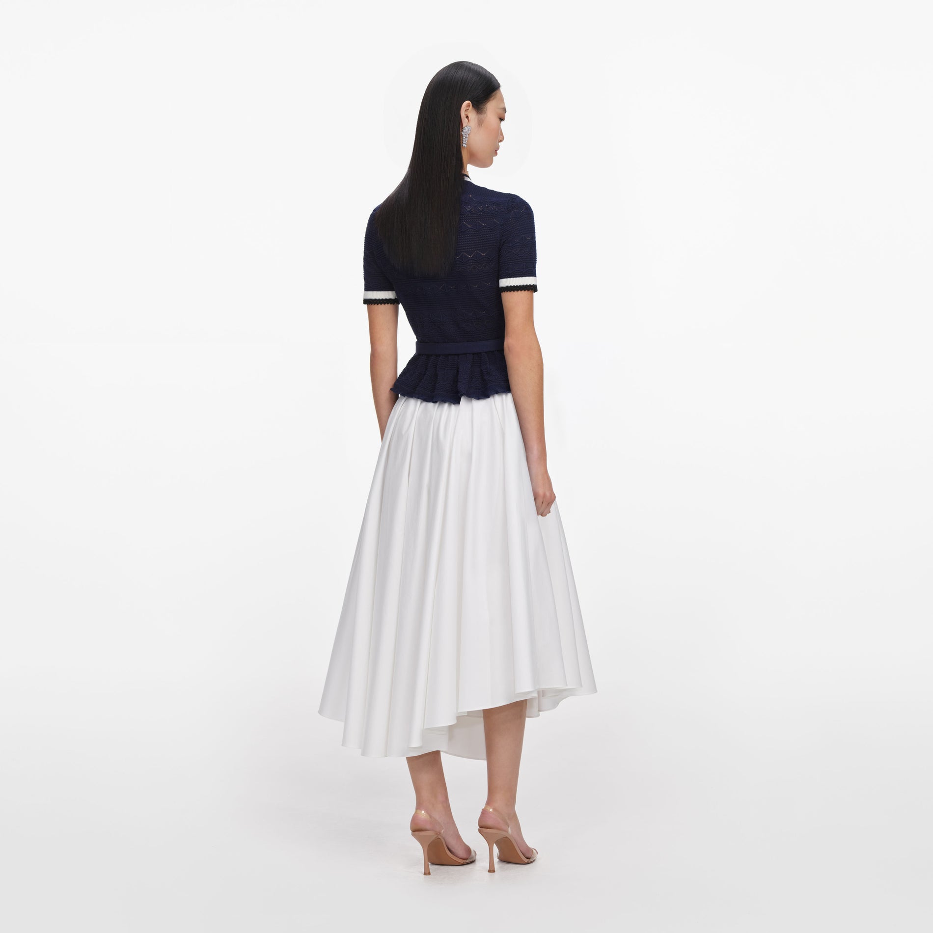 Navy Peplum Pointelle Knit Top