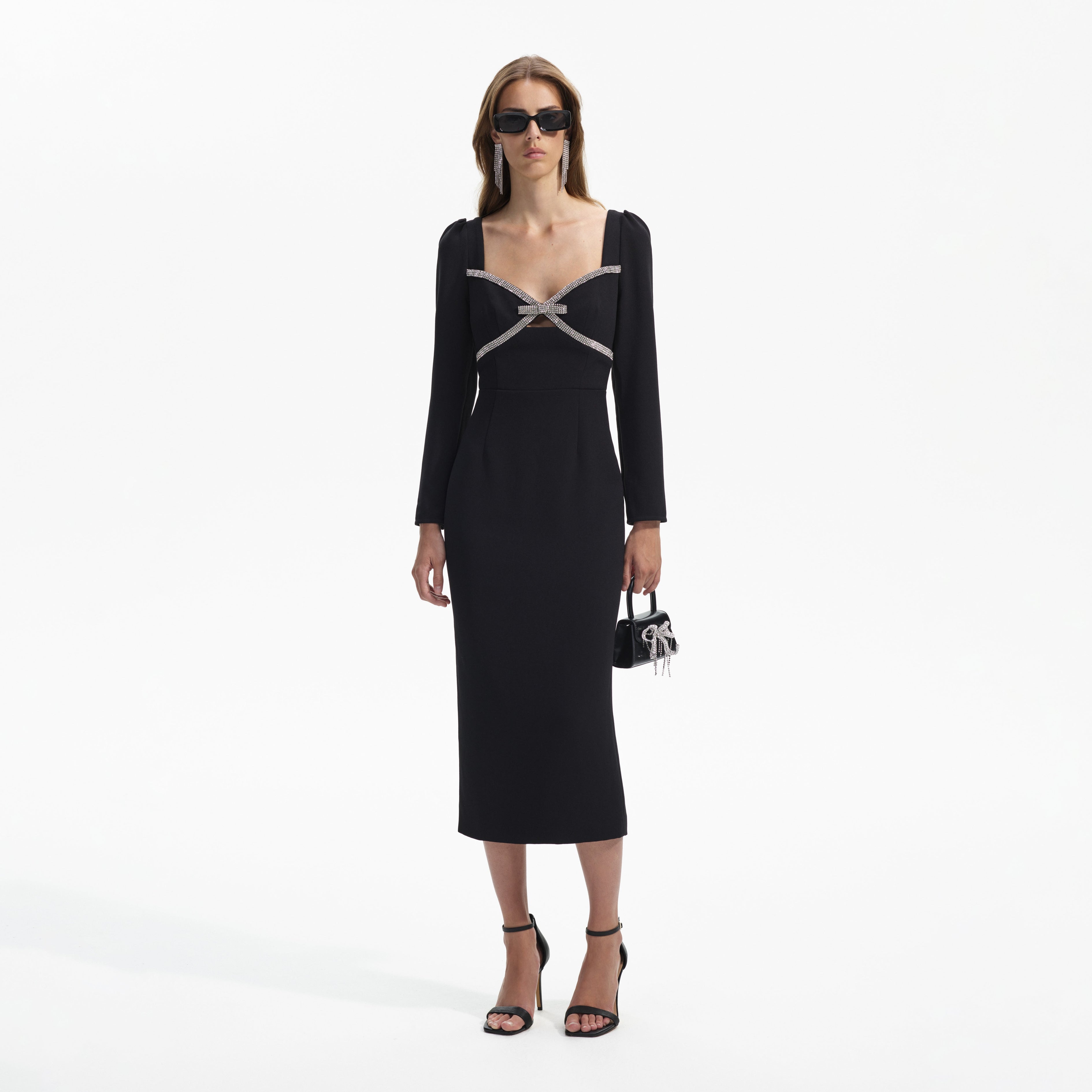 Black Diamante Bow Midi Dress
