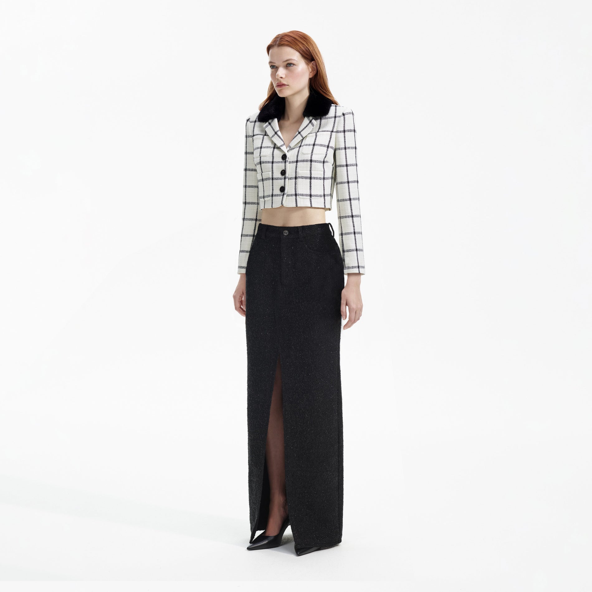 Side view of a woman wearing the Cream Check Jacket