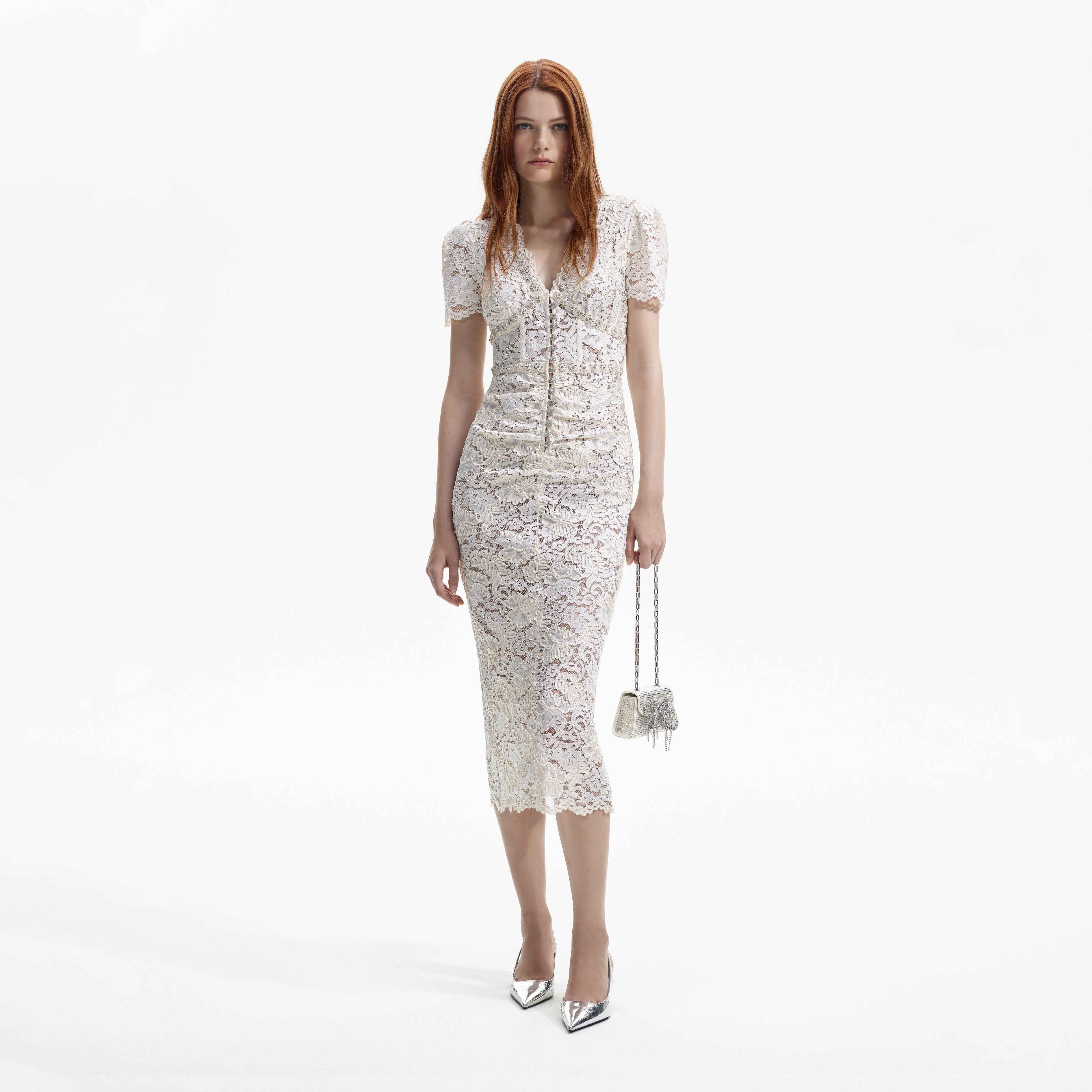 Cream Cord Lace V-Neck Midi Dress