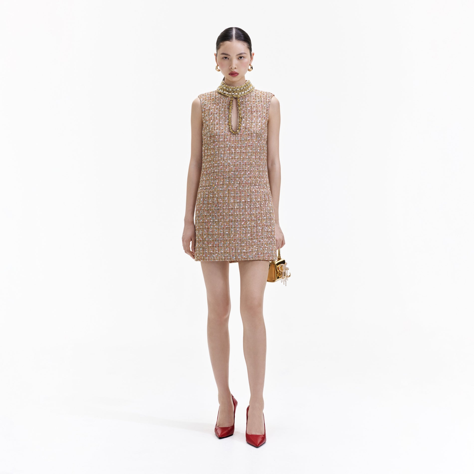 Front view of a woman wearing the Gold Tinsel Boucle Embellished Mini Dress