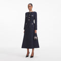 Navy Metallic Structured Boucle Midi Dress