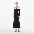 Black Chenille Knit Off Shoulder Midi Dress