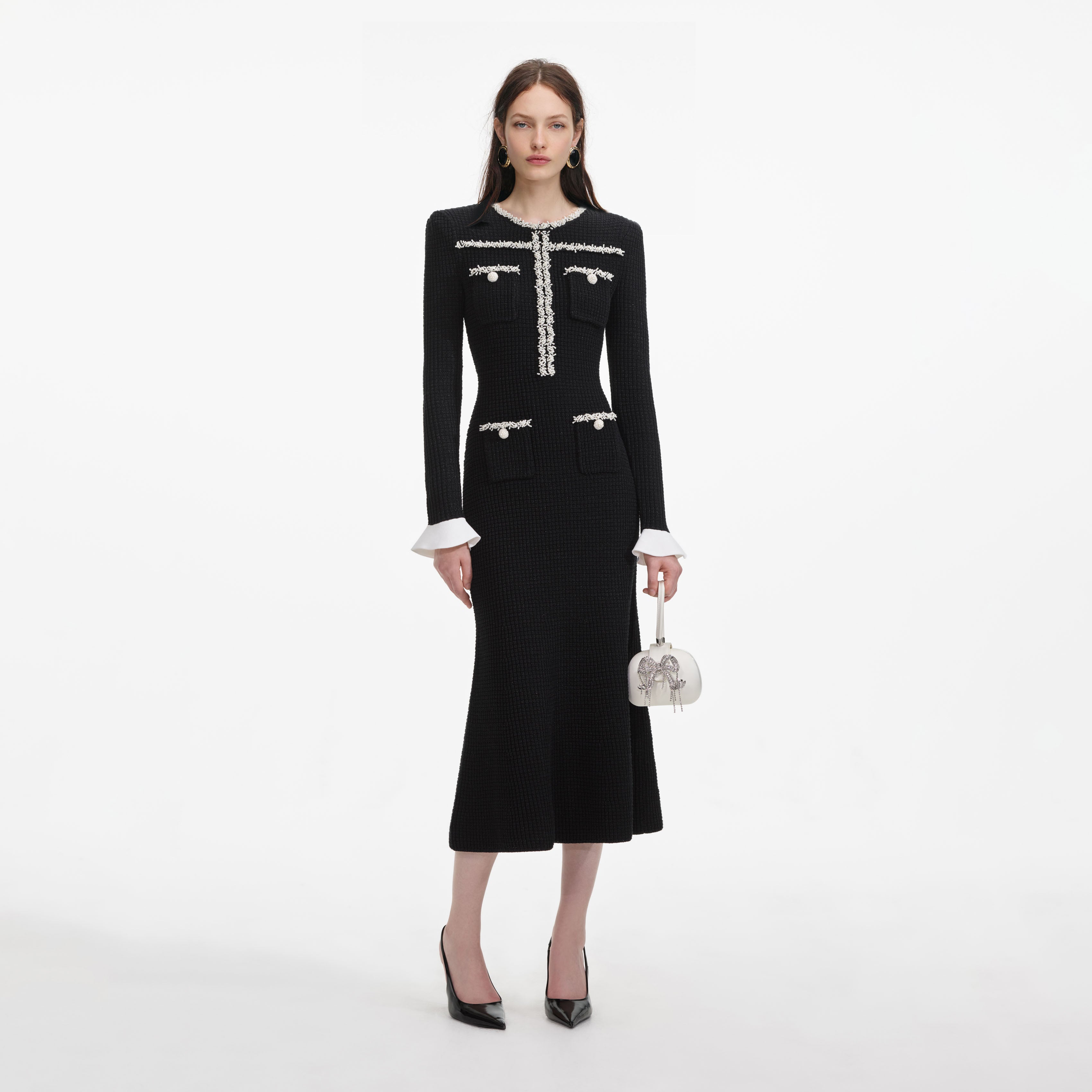 Black Pearl Trim Knit Midi Dress