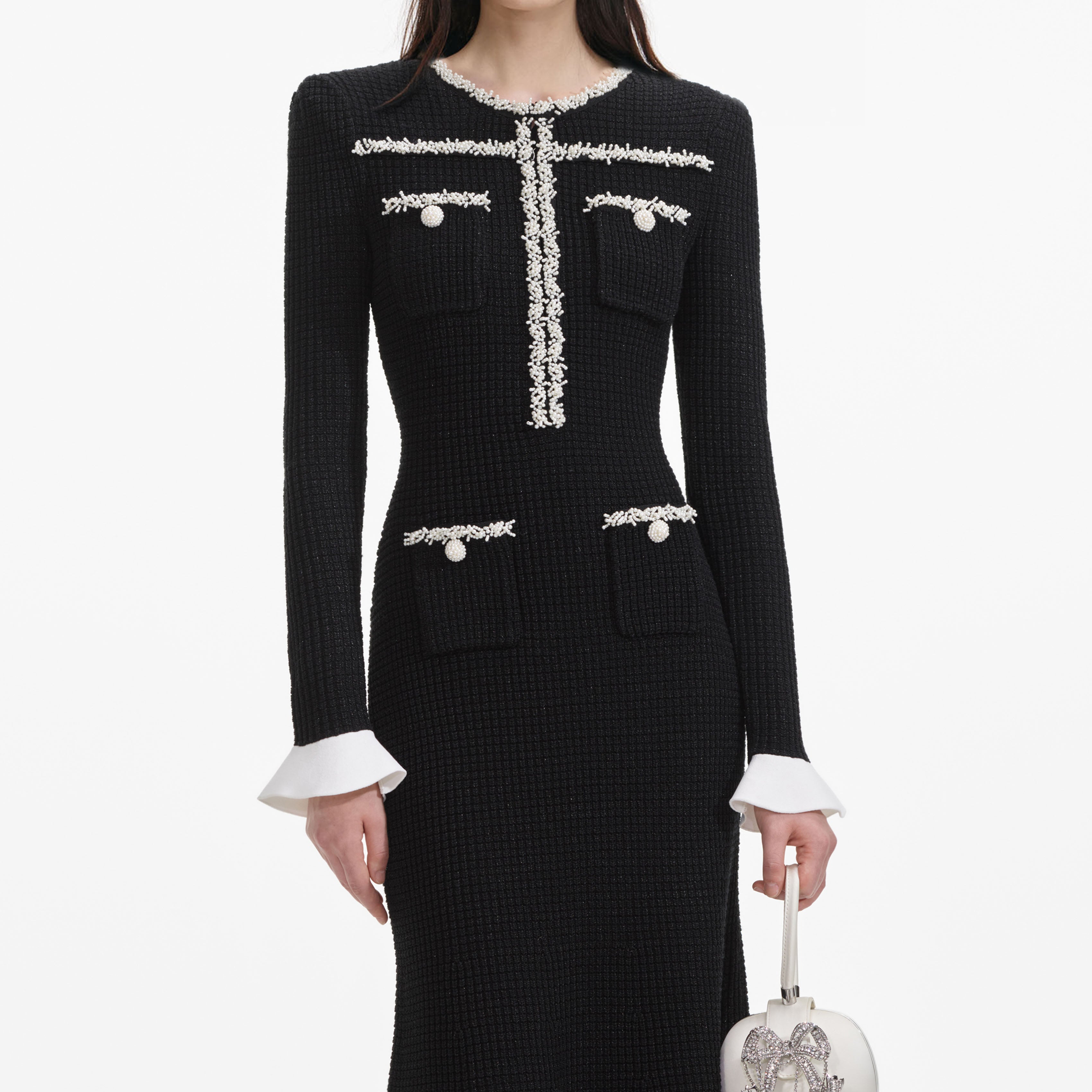 Black Pearl Trim Knit Midi Dress