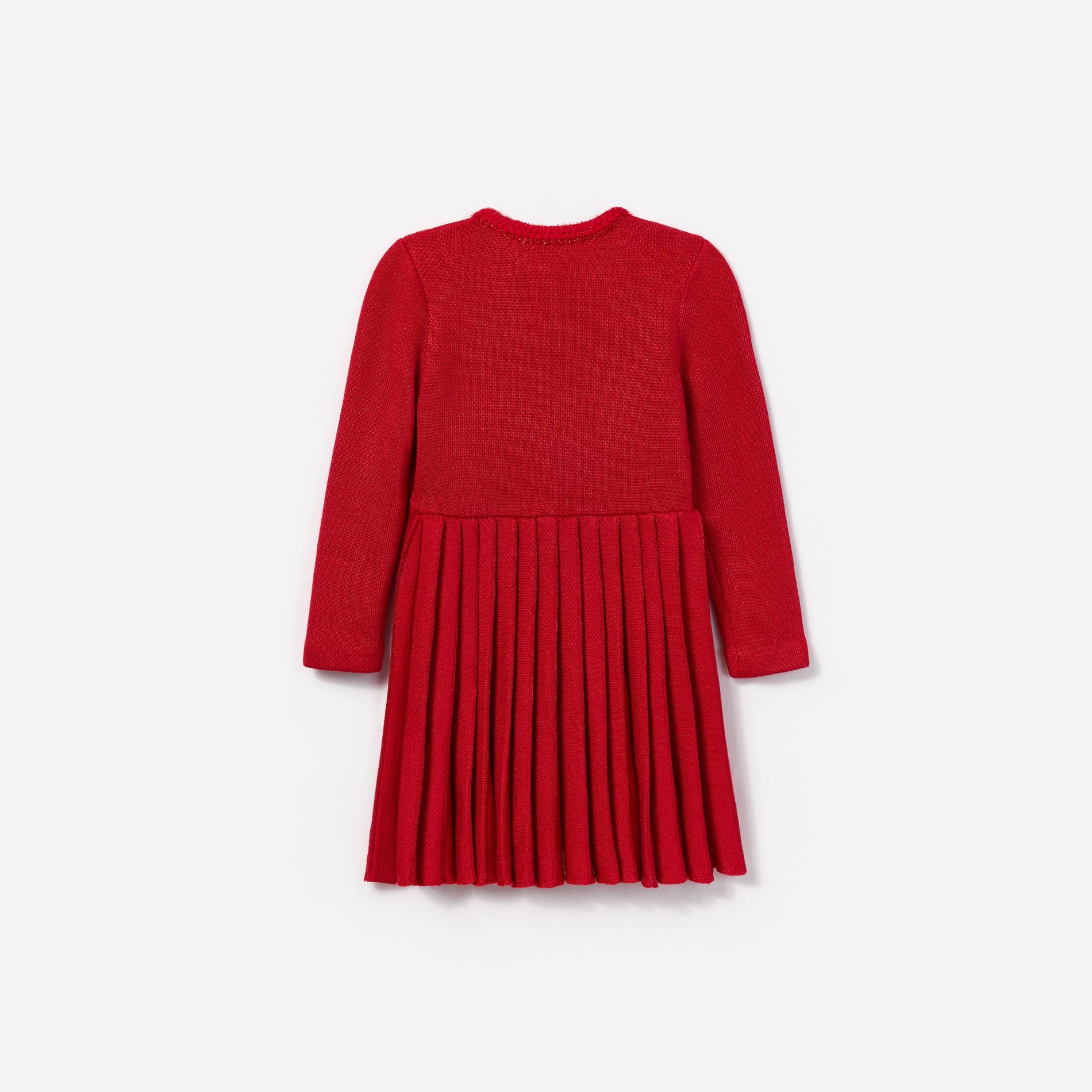 Side view of a woman wearing the Red Knit Pleated Dress