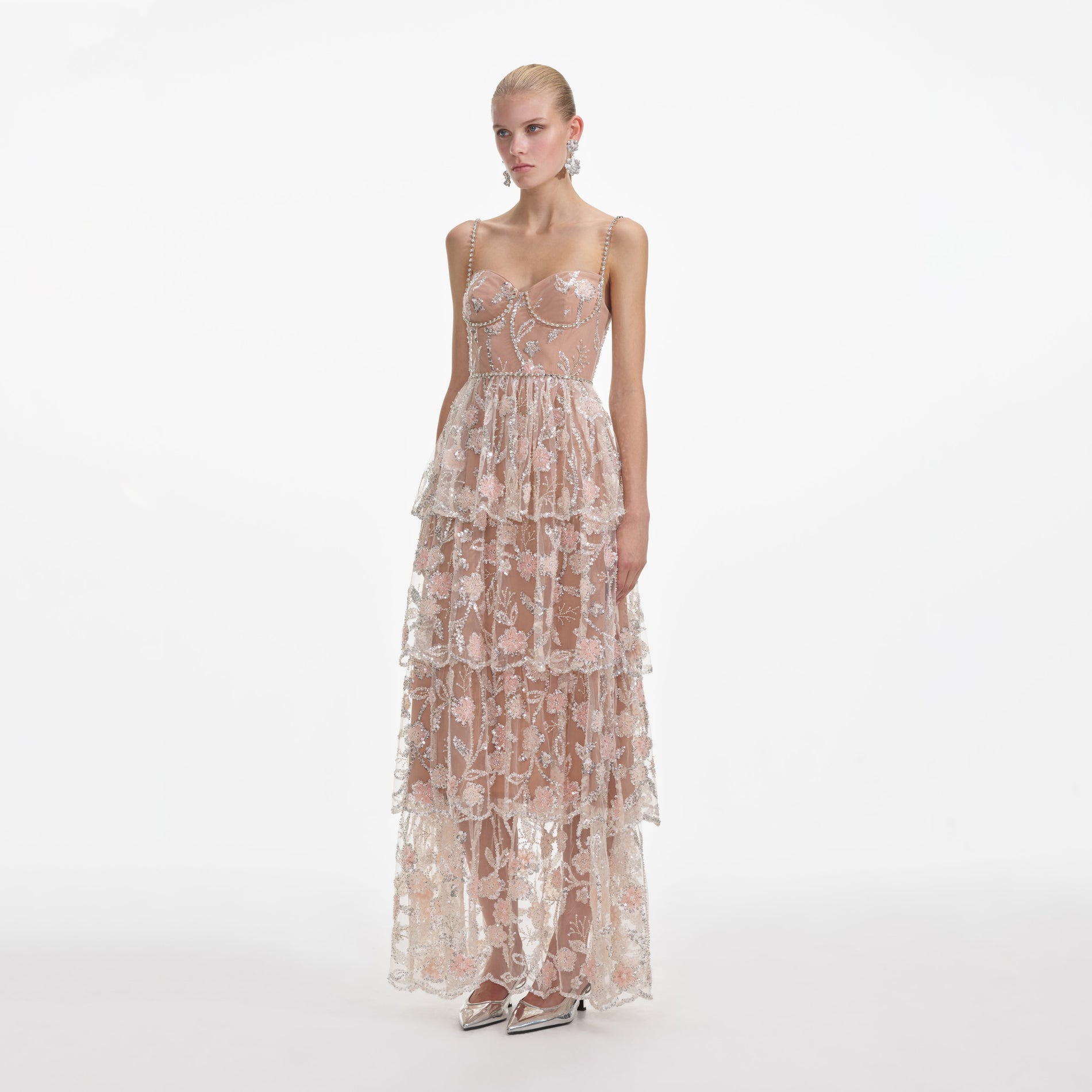 Side view of a woman wearing the Flower Sequin Tier Maxi Dress