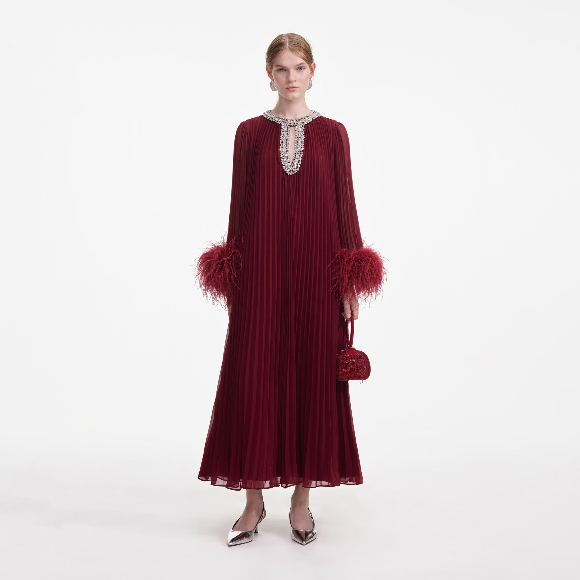 Front view of a woman wearing the Burgundy Chiffon Feather Midi Dress