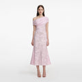 Pink Rhinestone Lace Asymmetric Midi Dress