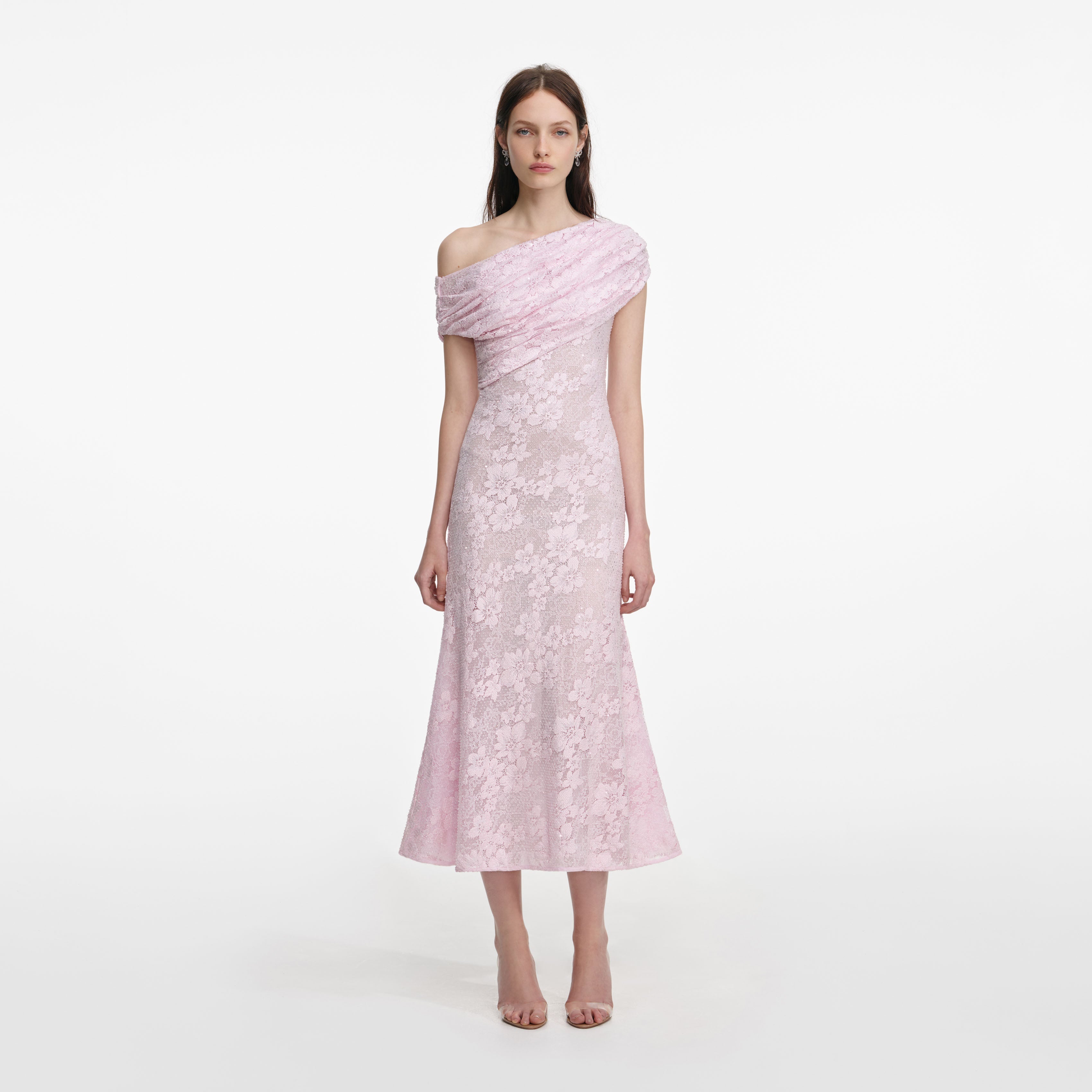 Pink Rhinestone Lace Asymmetric Midi Dress