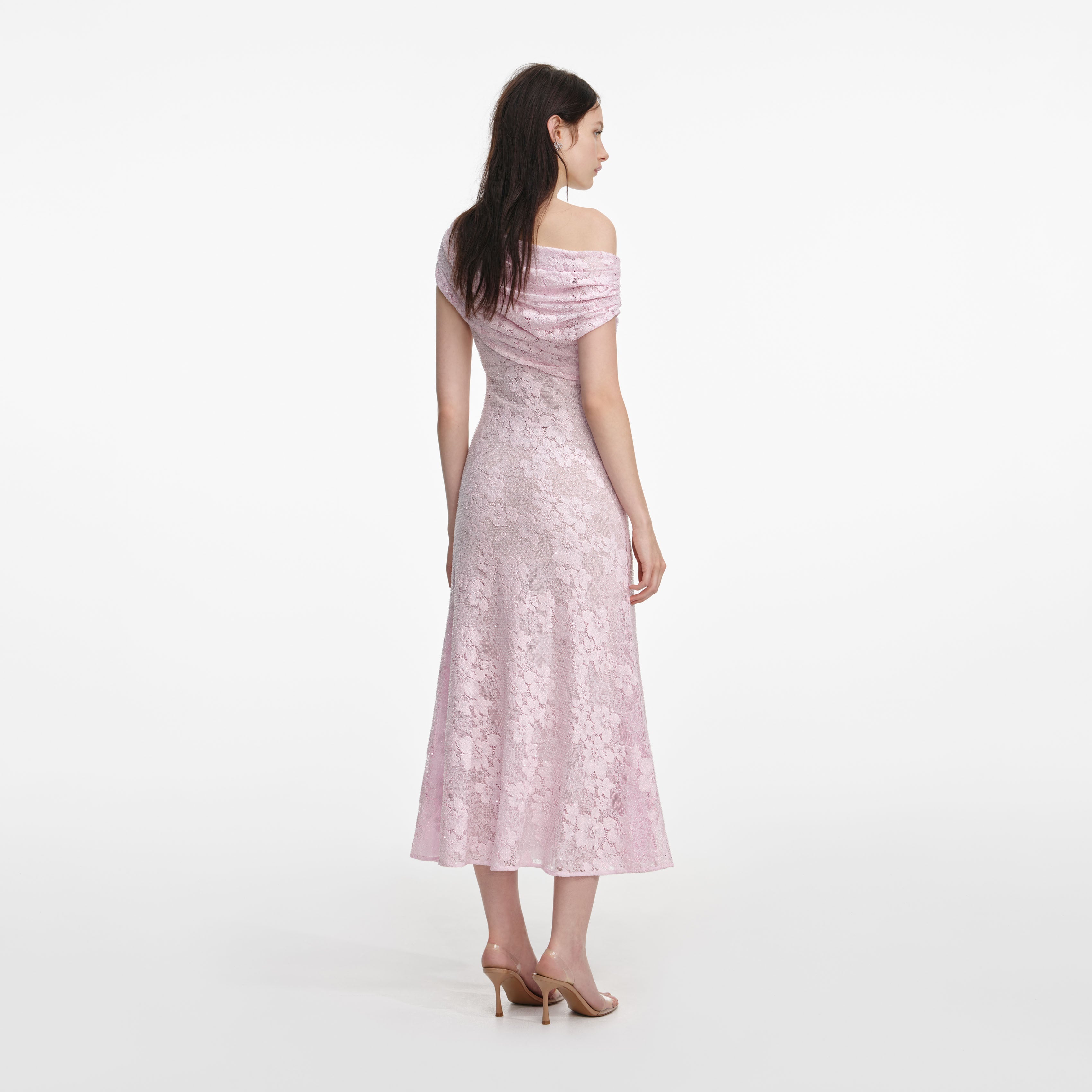 Pink Rhinestone Lace Asymmetric Midi Dress