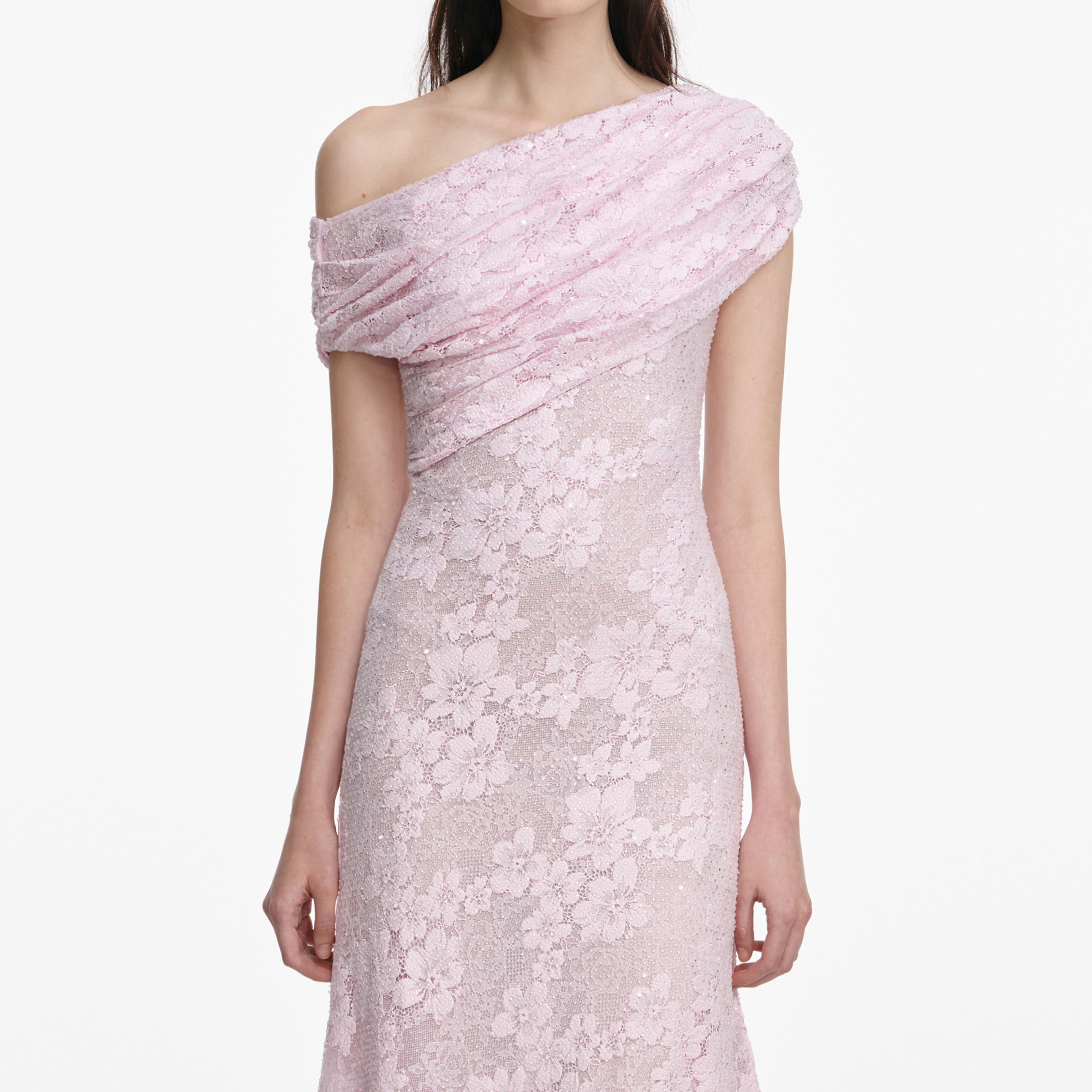 Pink Rhinestone Lace Asymmetric Midi Dress