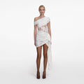 White Rhinestone Lace Tie Side Mini Dress