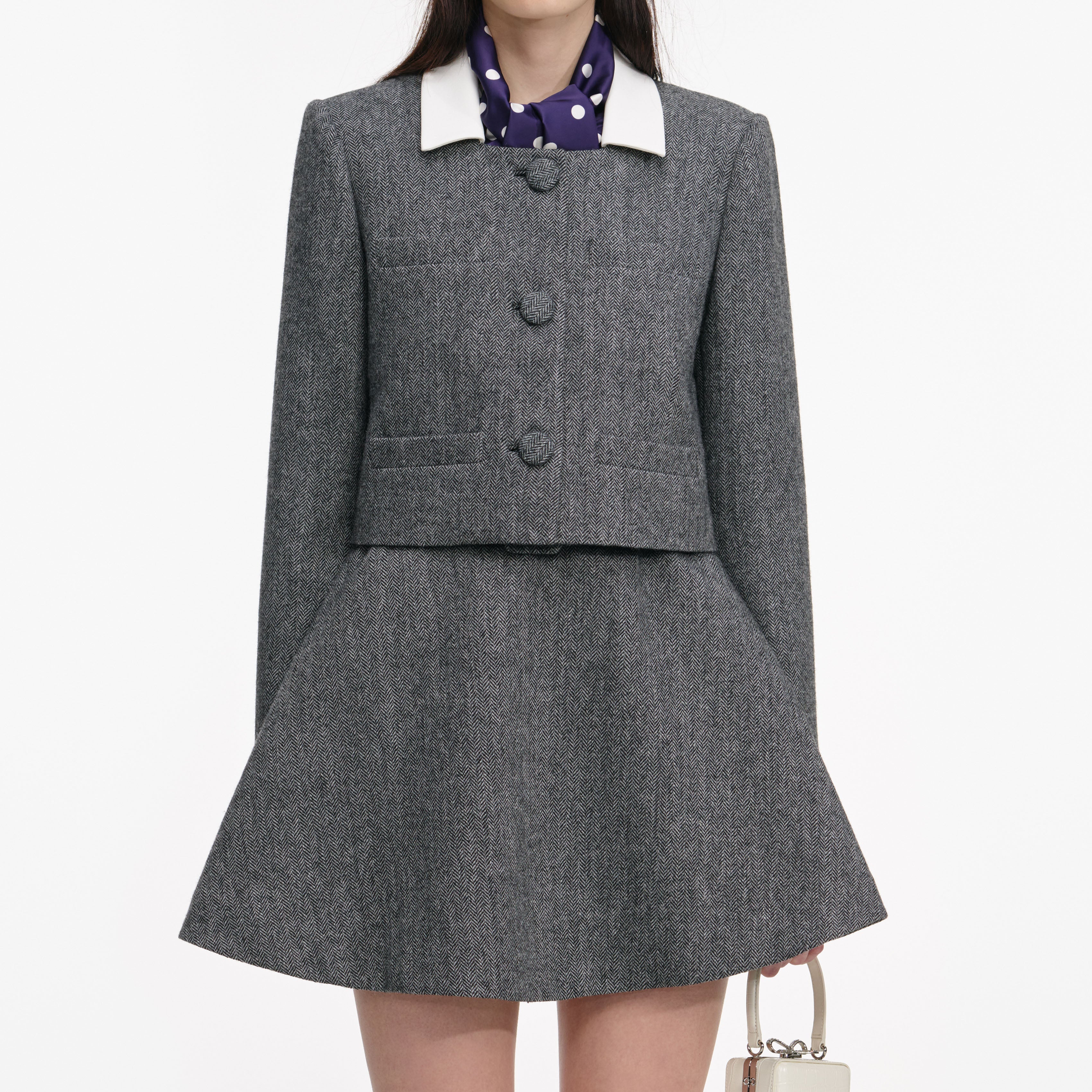 Grey Herringbone Scarf Detail Jacket