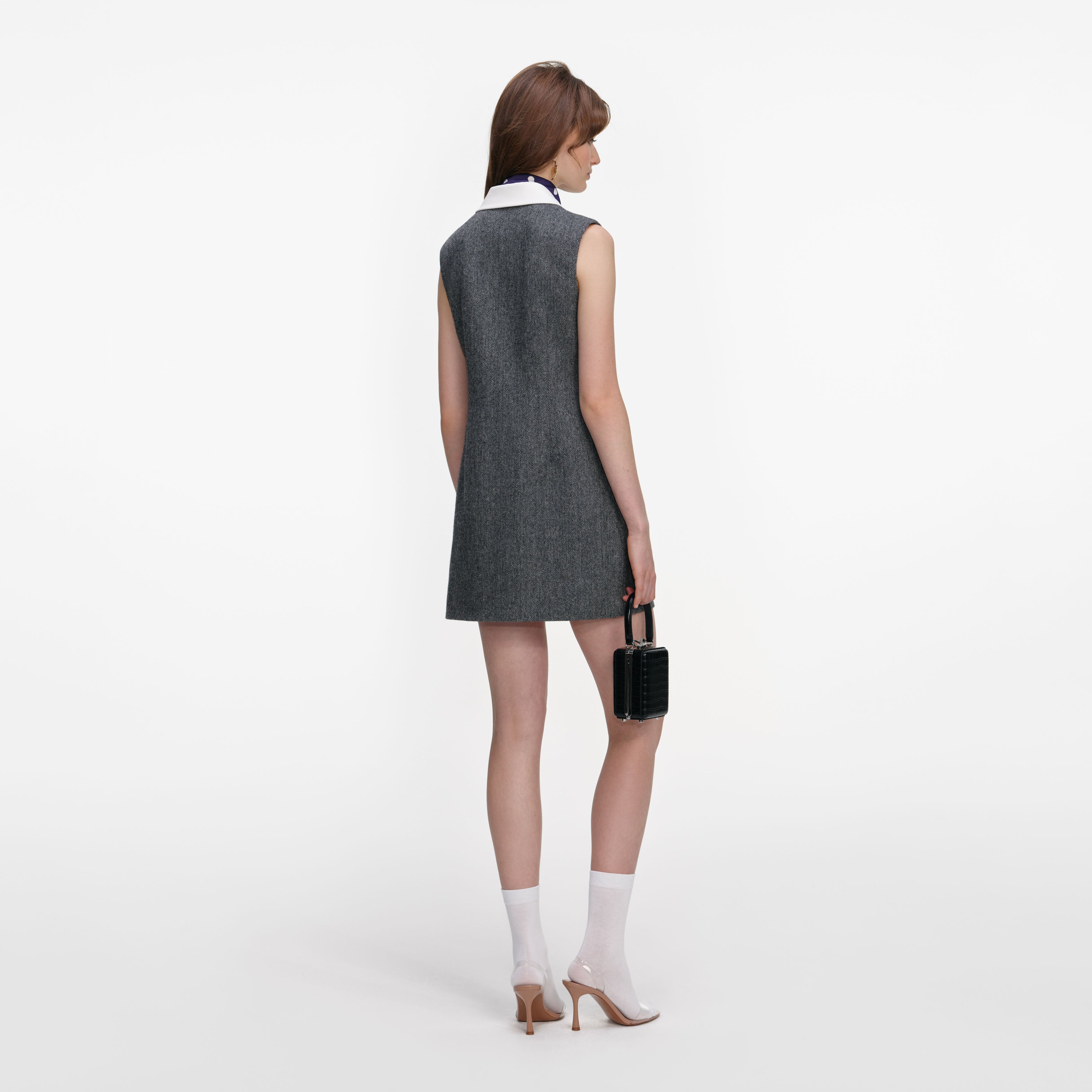 Grey Herringbone Scarf Detail Mini Dress