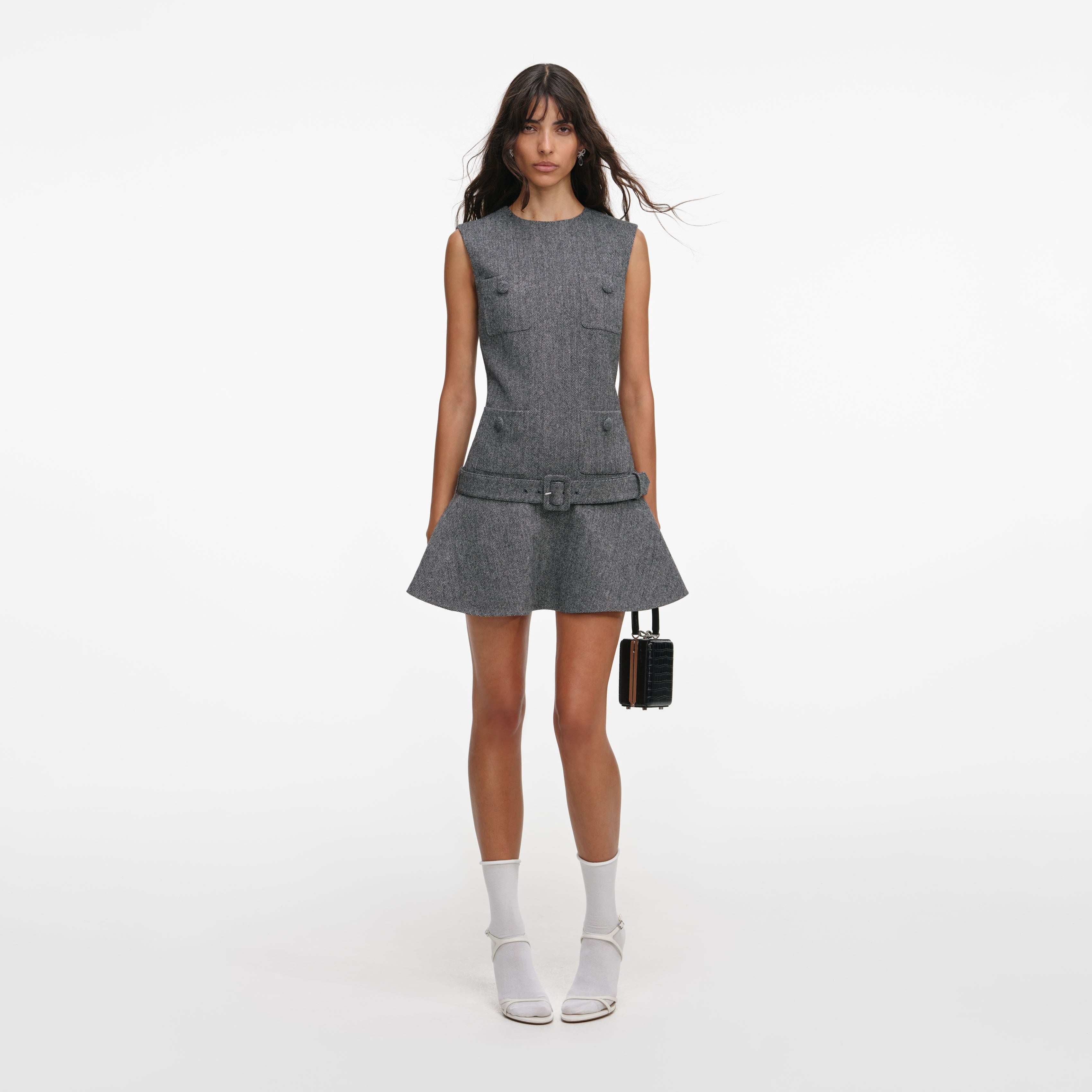 Grey Herringbone Flared Mini Dress