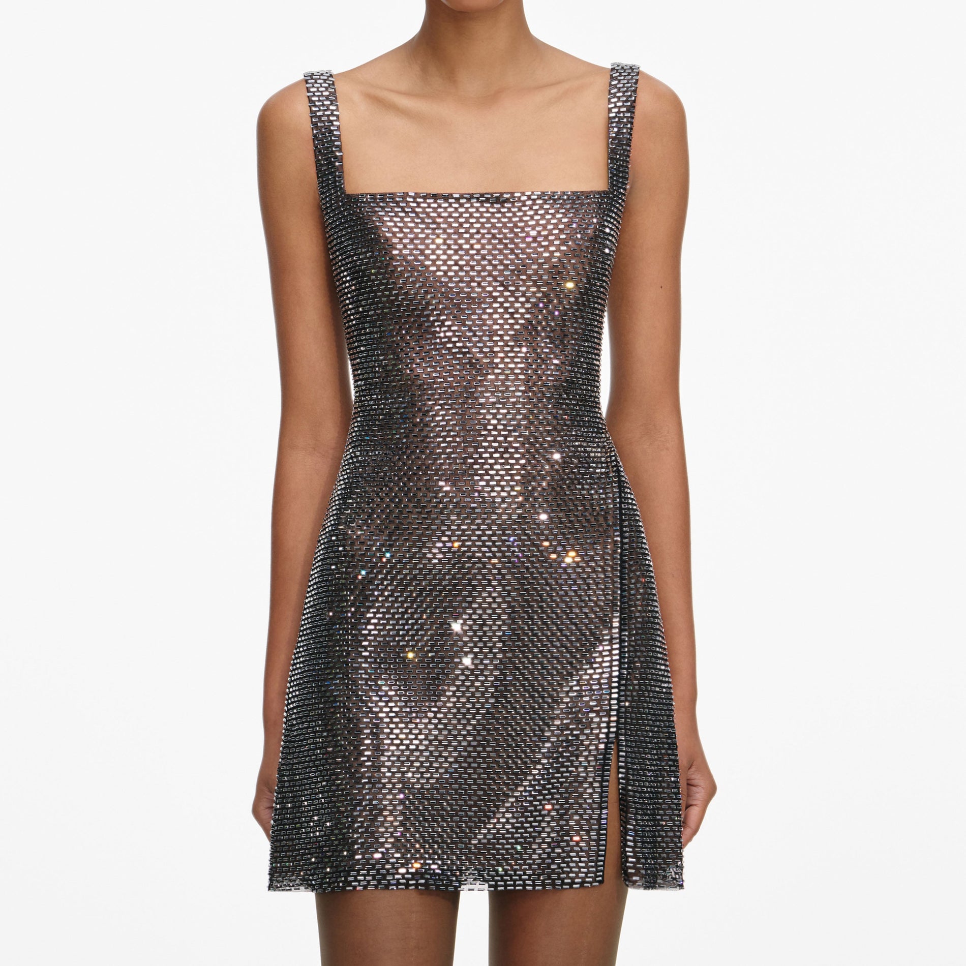 A close up of a woman wearing the Gunmetal Rhinestone Mesh Mini Dress
